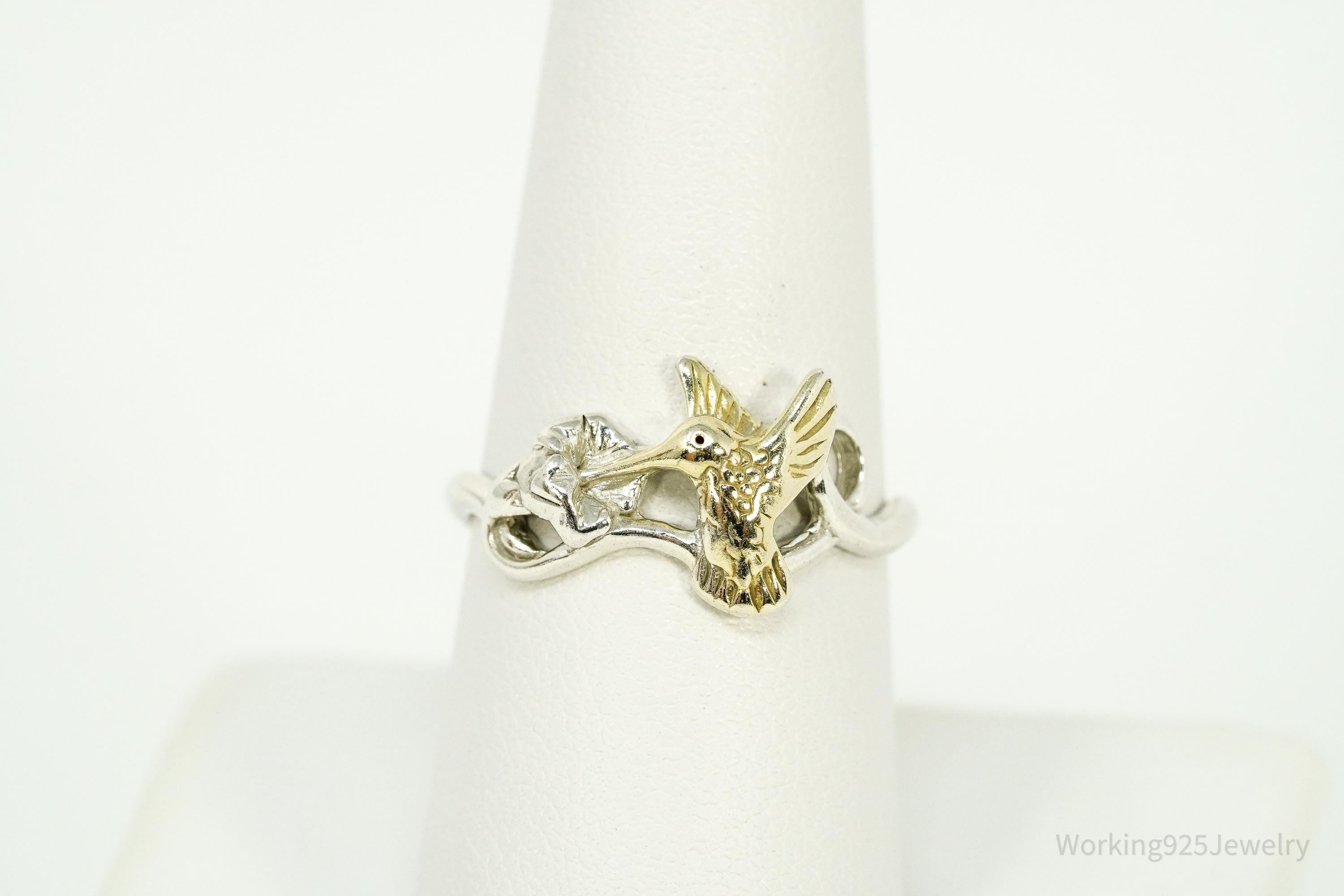 Vintage Gold Vermeil Sterling Silver Humming Bird & Flower Ring - Size 8.75