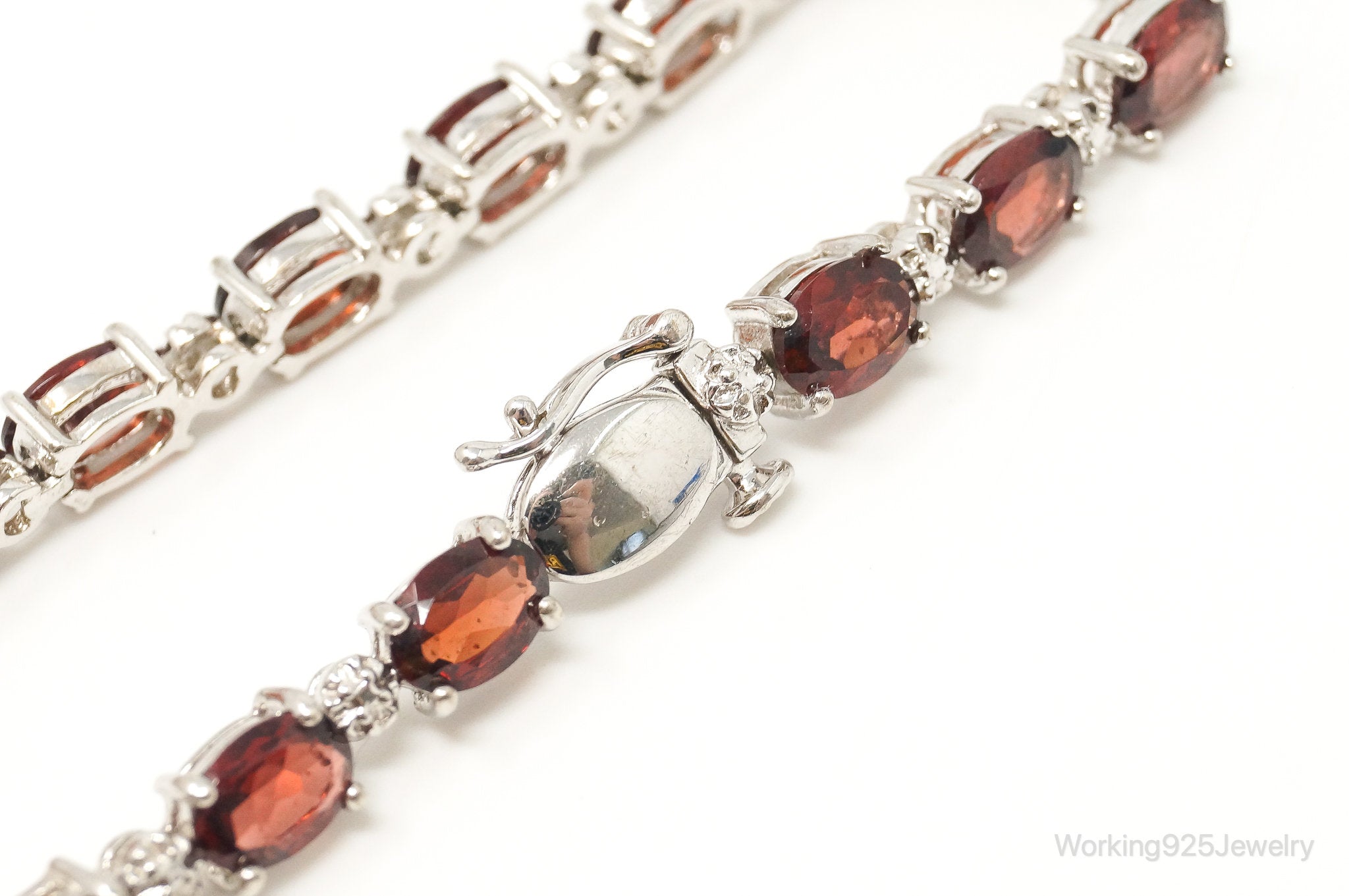 Vintage Red Garnet 2 Diamond Sterling Silver Bracelet