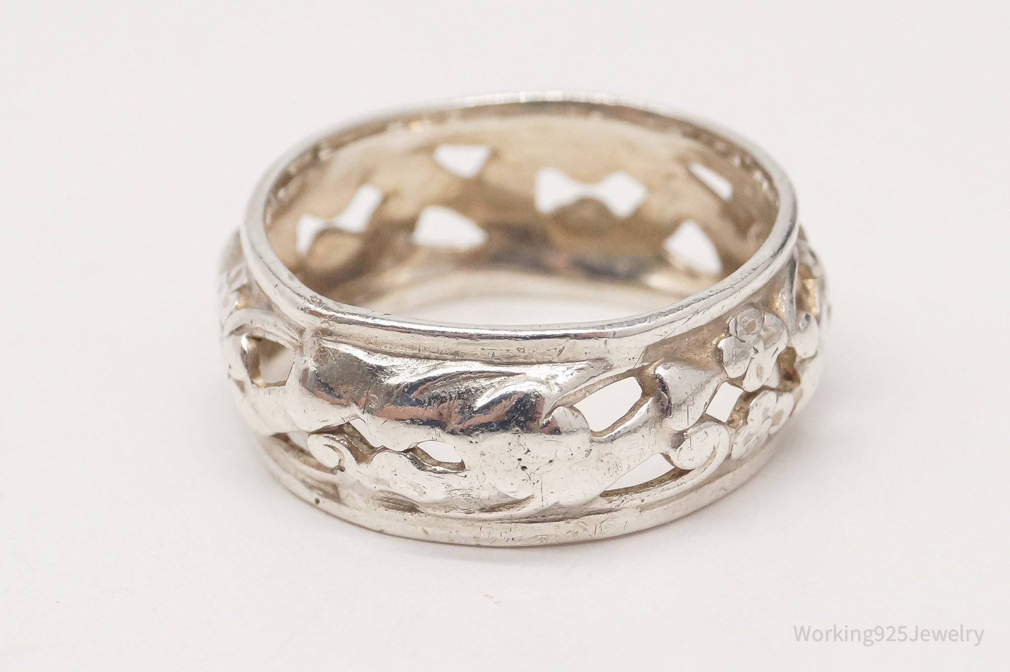 Antique Art Nouveau Floral Pattern Silver Band Ring - Size 6