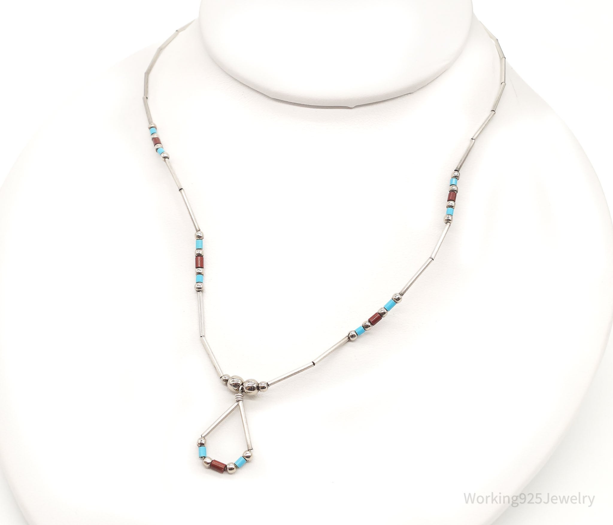 Vintage Native American Coral Turquoise Bead Silver Necklace