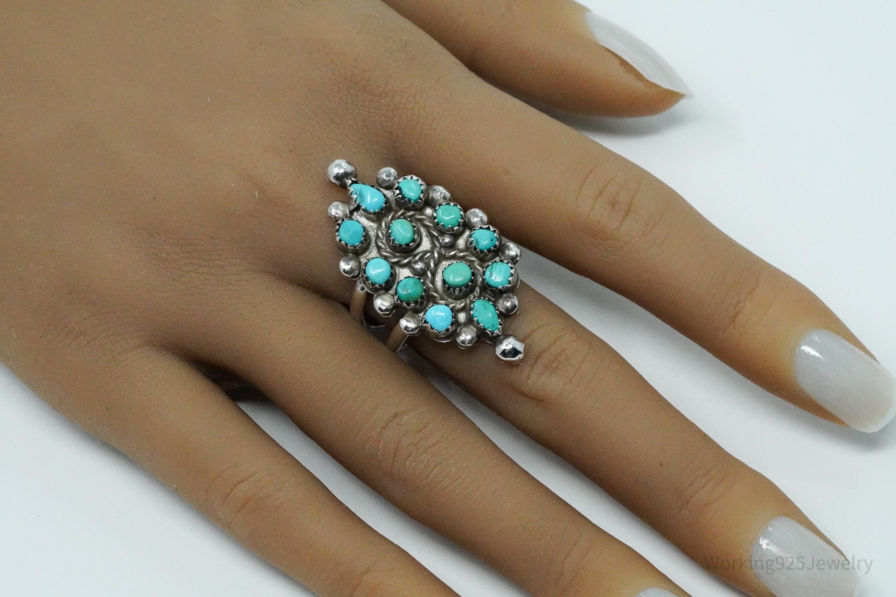 Vintage Handmade Native American Turquoise Inlay Unsigned Silver Ring - Size 10.75