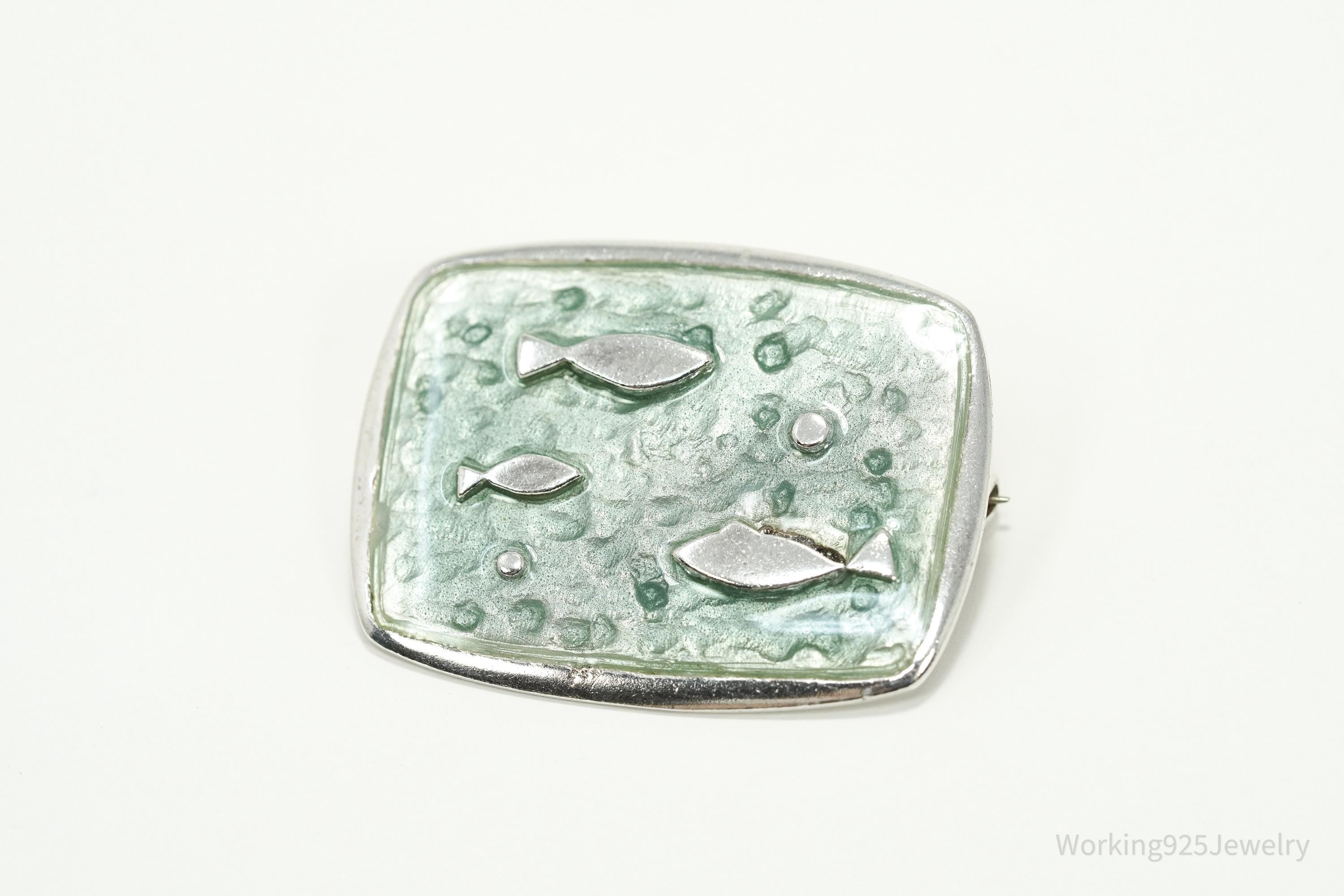 Rare Vintage Fish Enamel Modernist Sterling Silver Brooch Pin