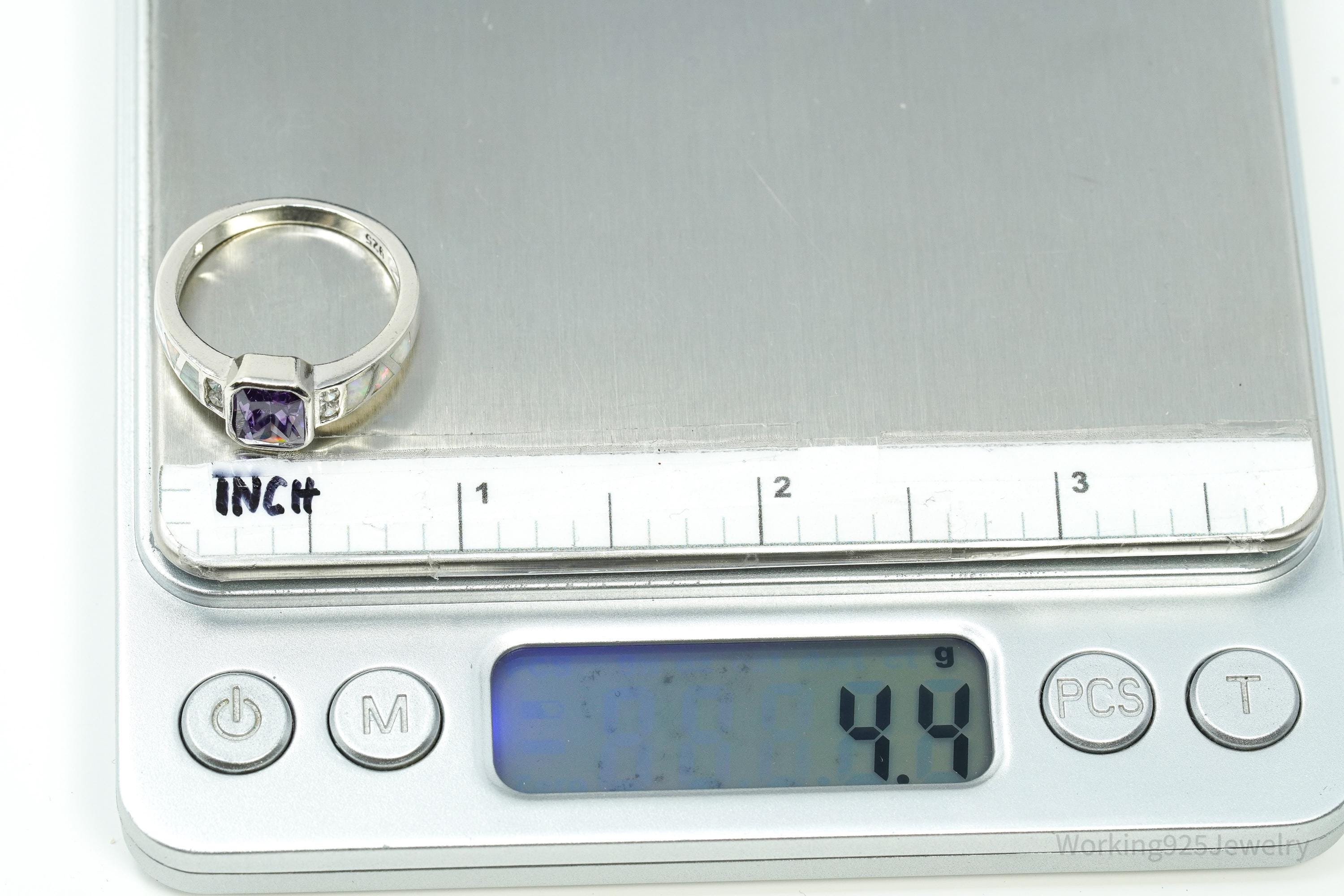 Vintage Amethyst Cubic Zirconia Opal Sterling Silver Ring - Size 8.75