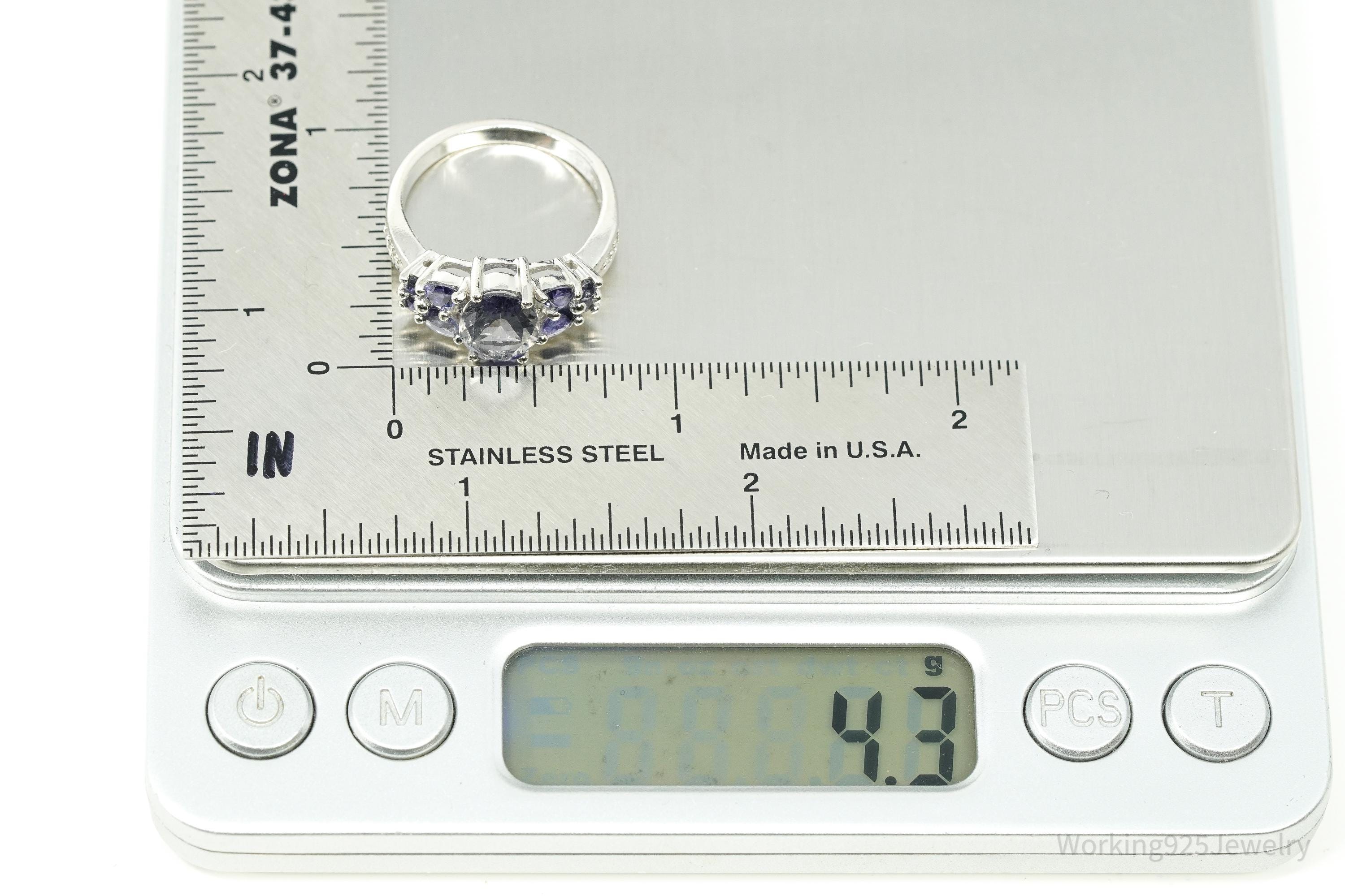 Iolite & White Zircon Rhodium Over Sterling Silver Ring - Size 7.75