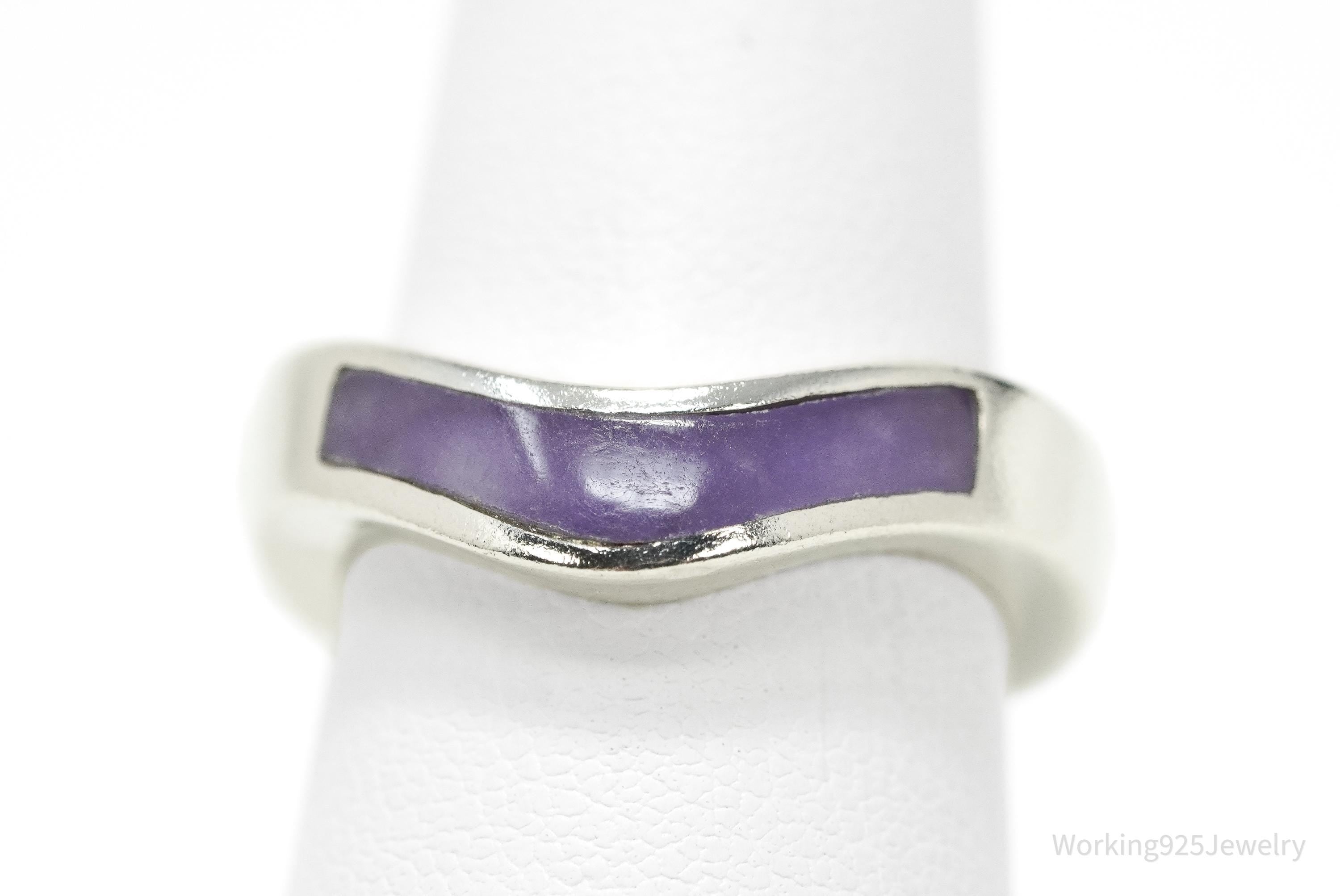 Vintage Purple Stone Inlay Sterling Silver Band Ring – Size 7