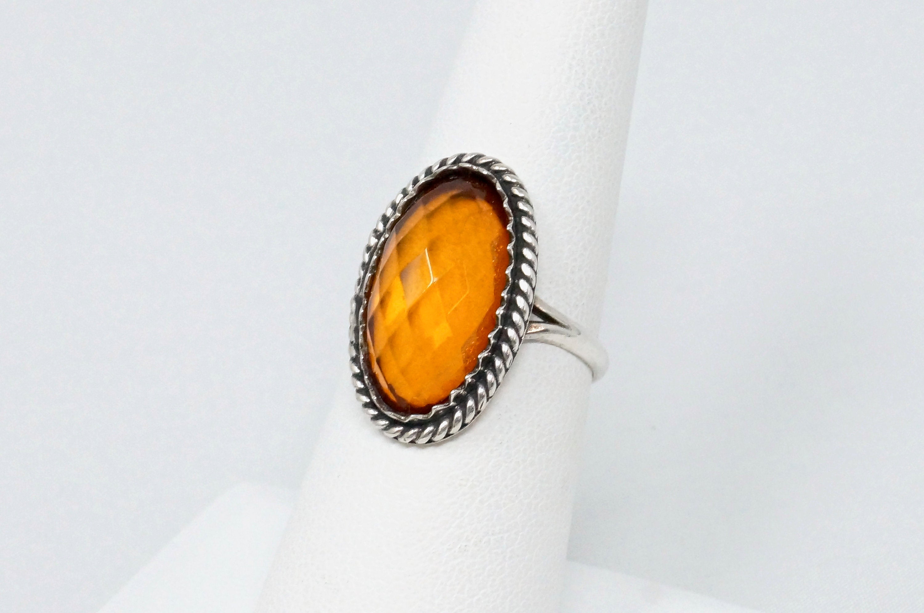 Vintage Large Orange Amber Rope Design Sterling Silver Ring - Size 6.75