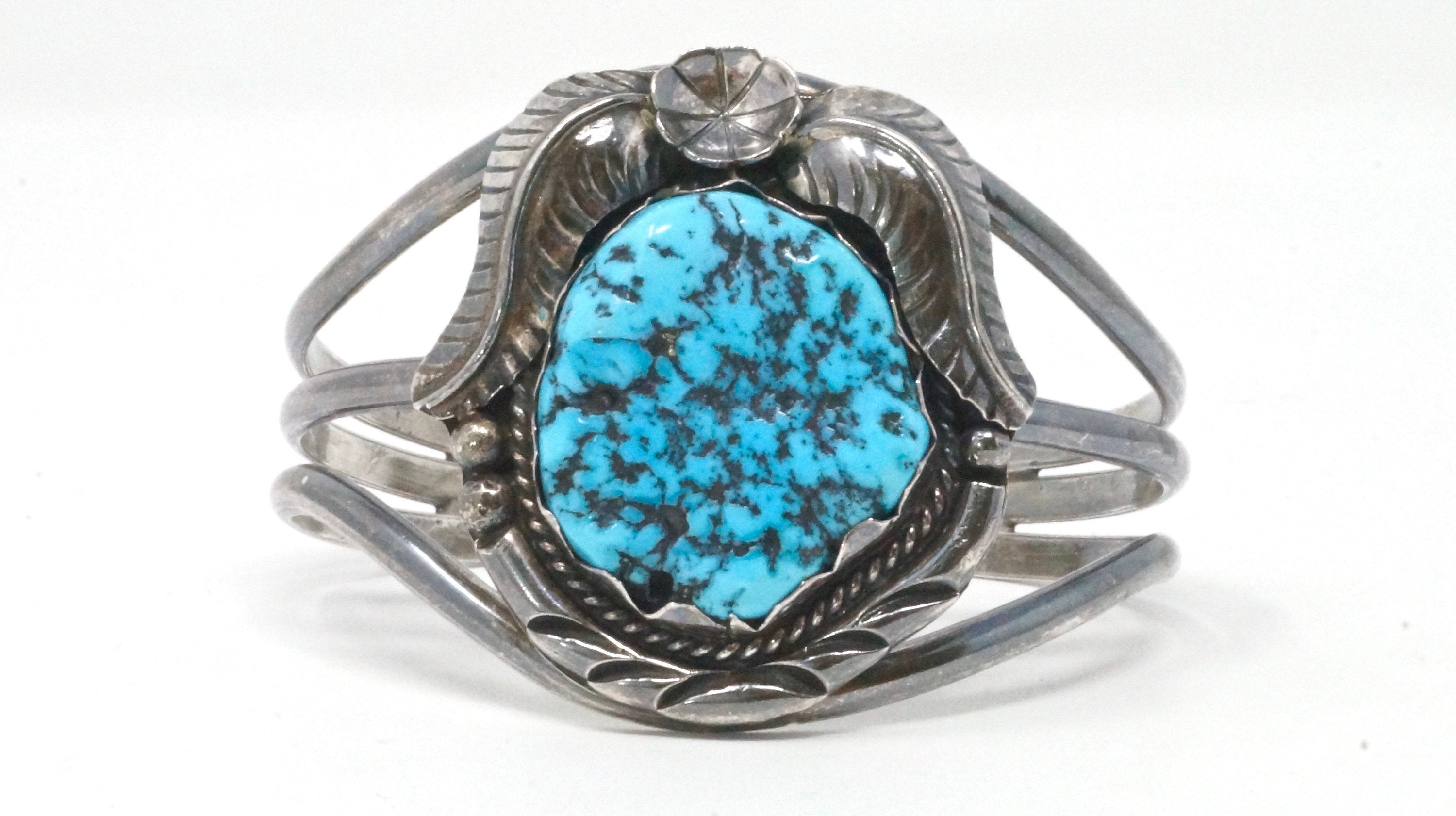 Vintage Native American M Bahe Large Turquoise Sterling Silver Cuff Bracelet