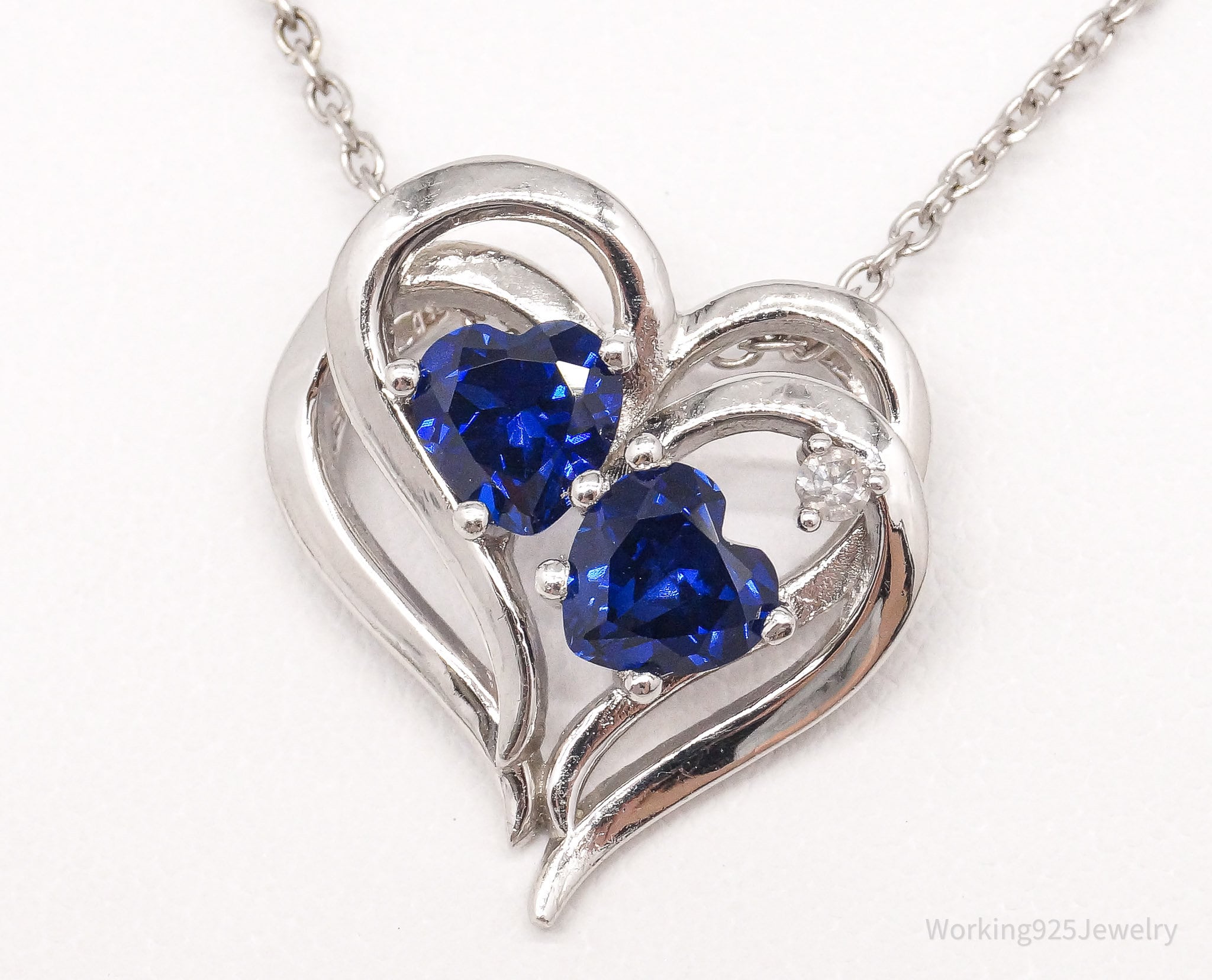 Vintage Lab Sapphire Diamond Heart Sterling Silver Necklace 18"