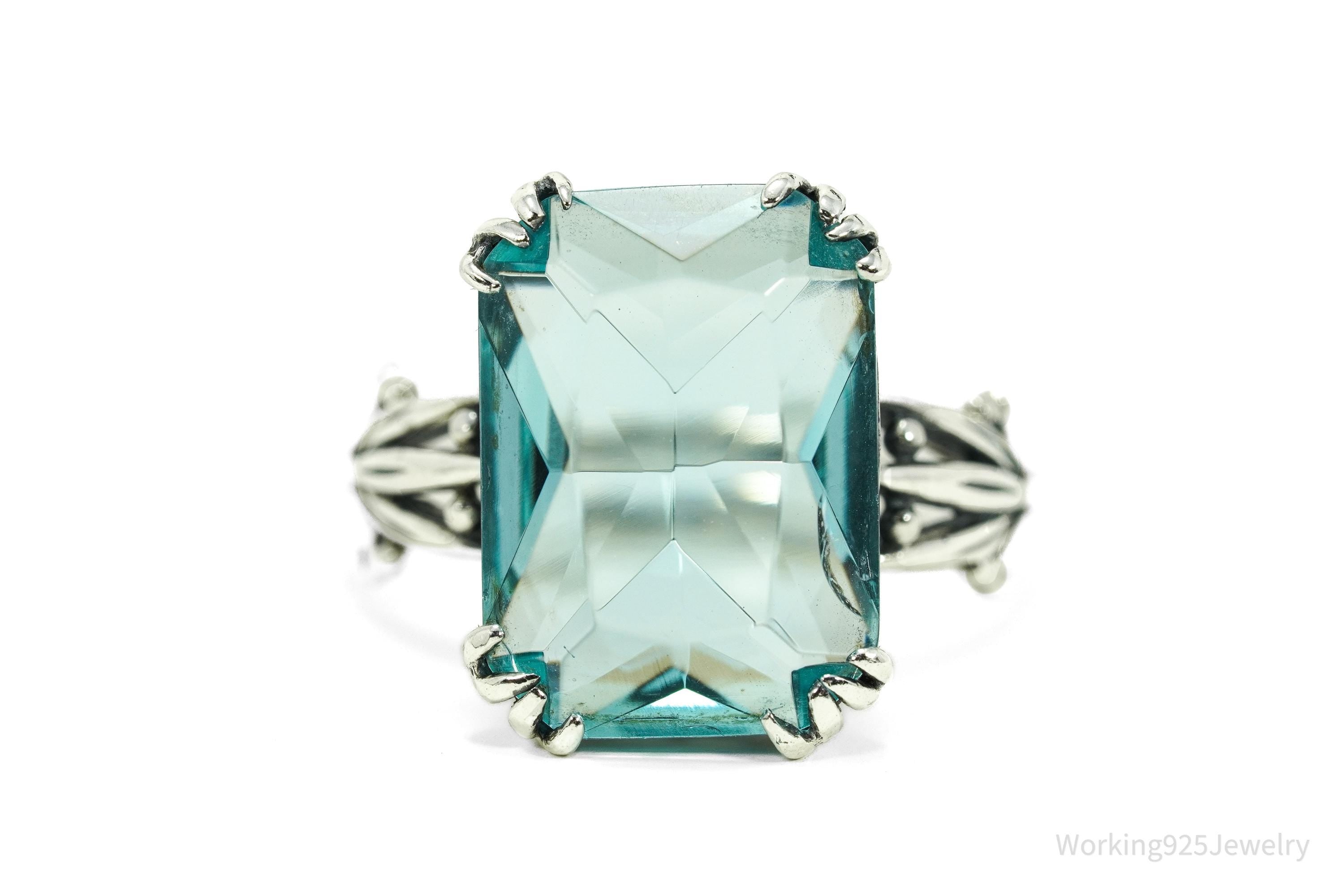 Vintage Faux Glass Blue Topaz Sterling Silver Plated Ring - Size 11.5