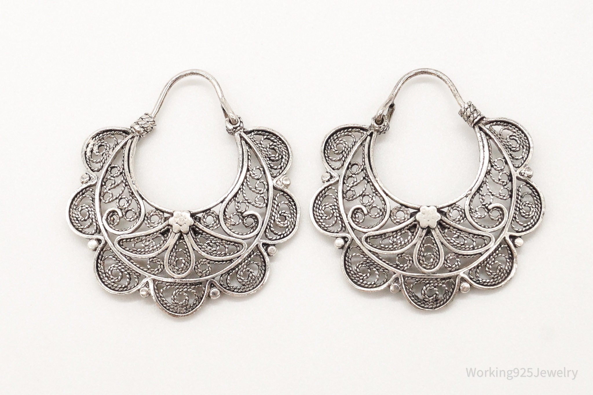 Vintage Turkey Designer DGS Flower Filigree Sterling Silver Earrings