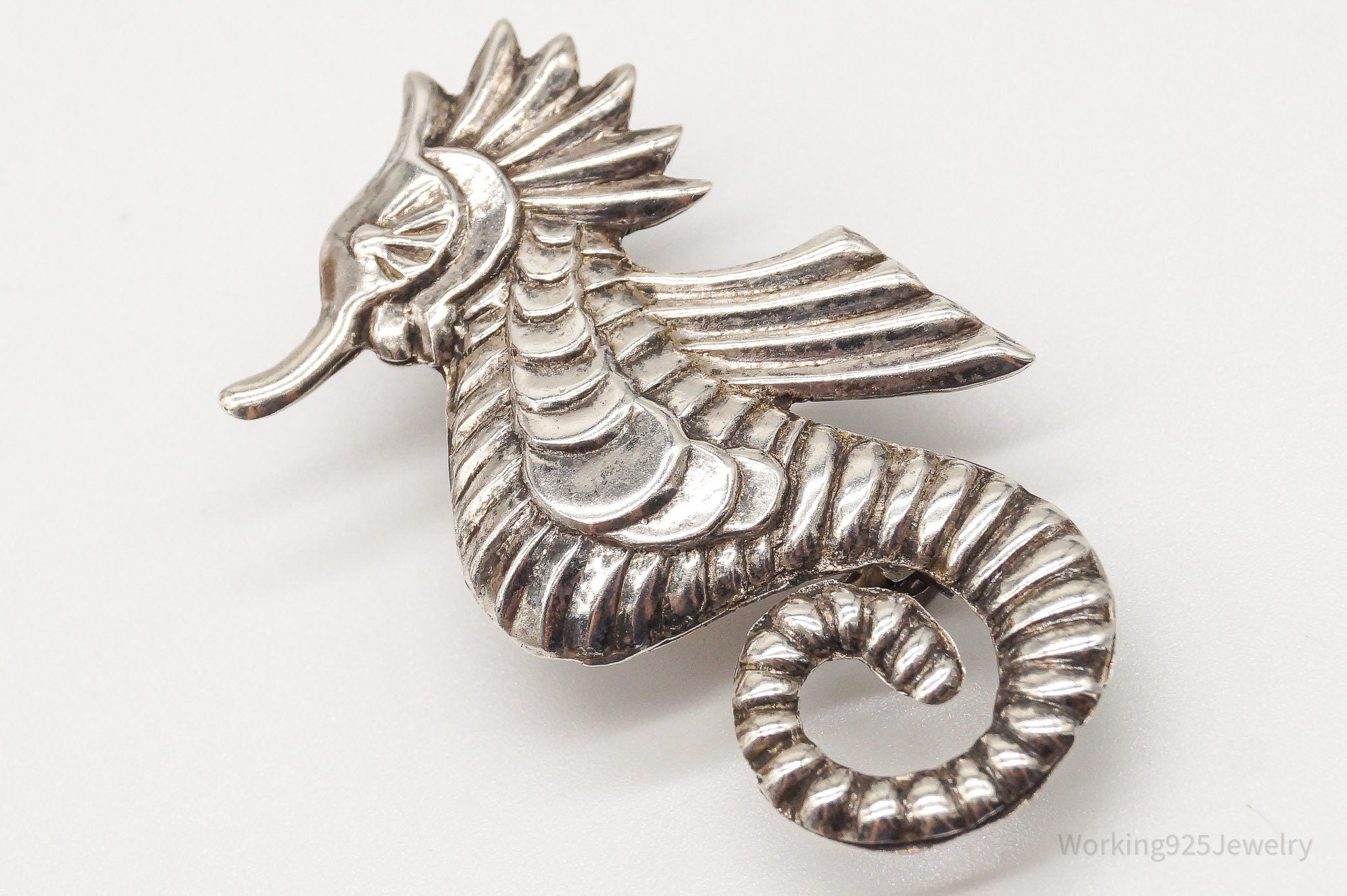 Vintage Mexico Artisan JE Large Seahorse Sterling Silver Brooch Pin