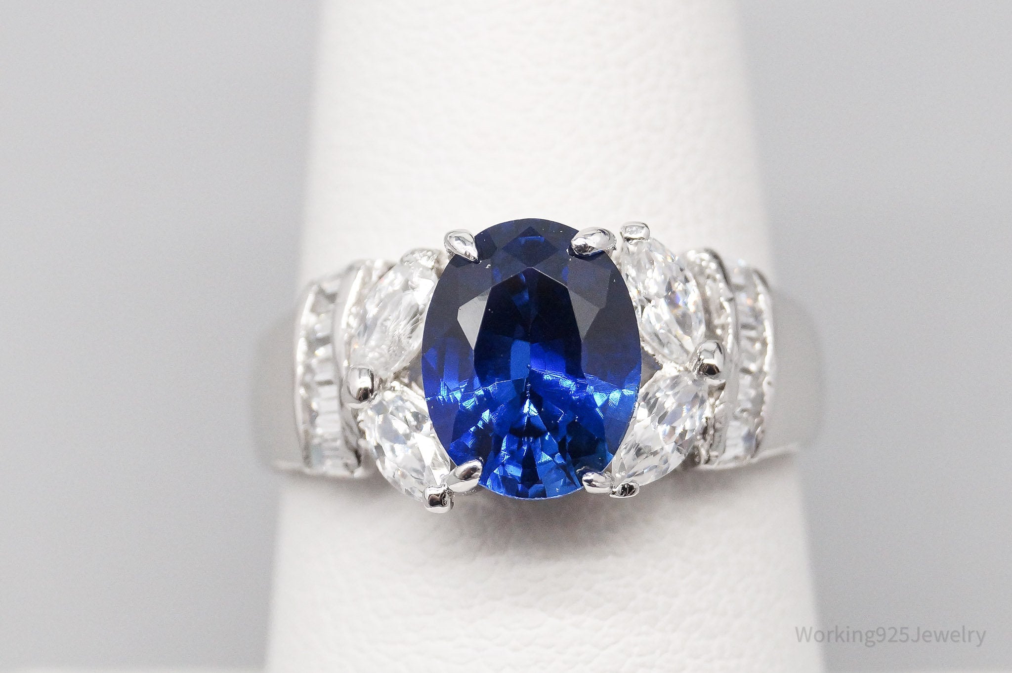 Vintage Lab Sapphire Cubic Zirconia 18Kt White Gold Ring Size 7.25