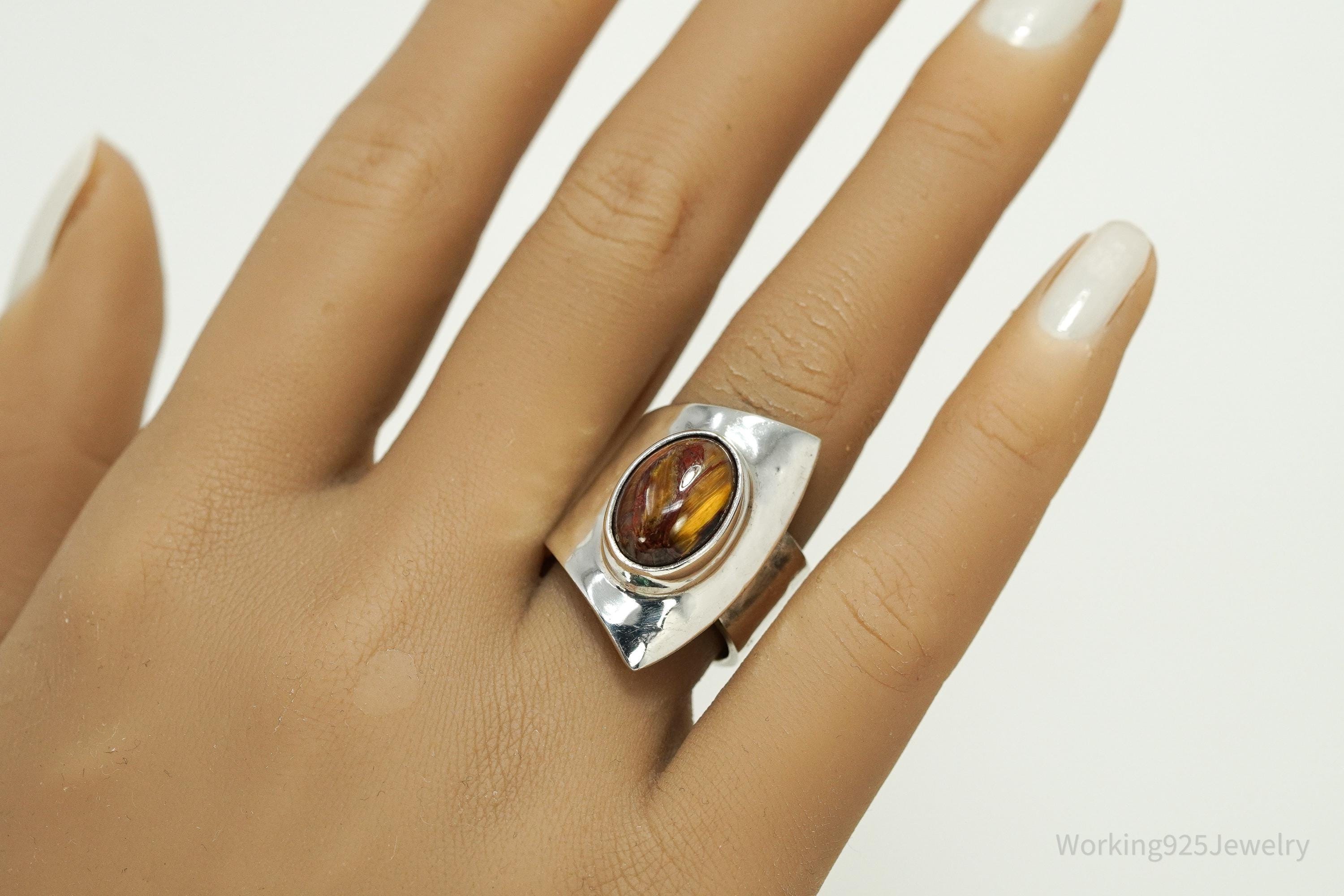 Vintage Mexico Dinouart Modernist Silver Ring Petrified Wood Size 8