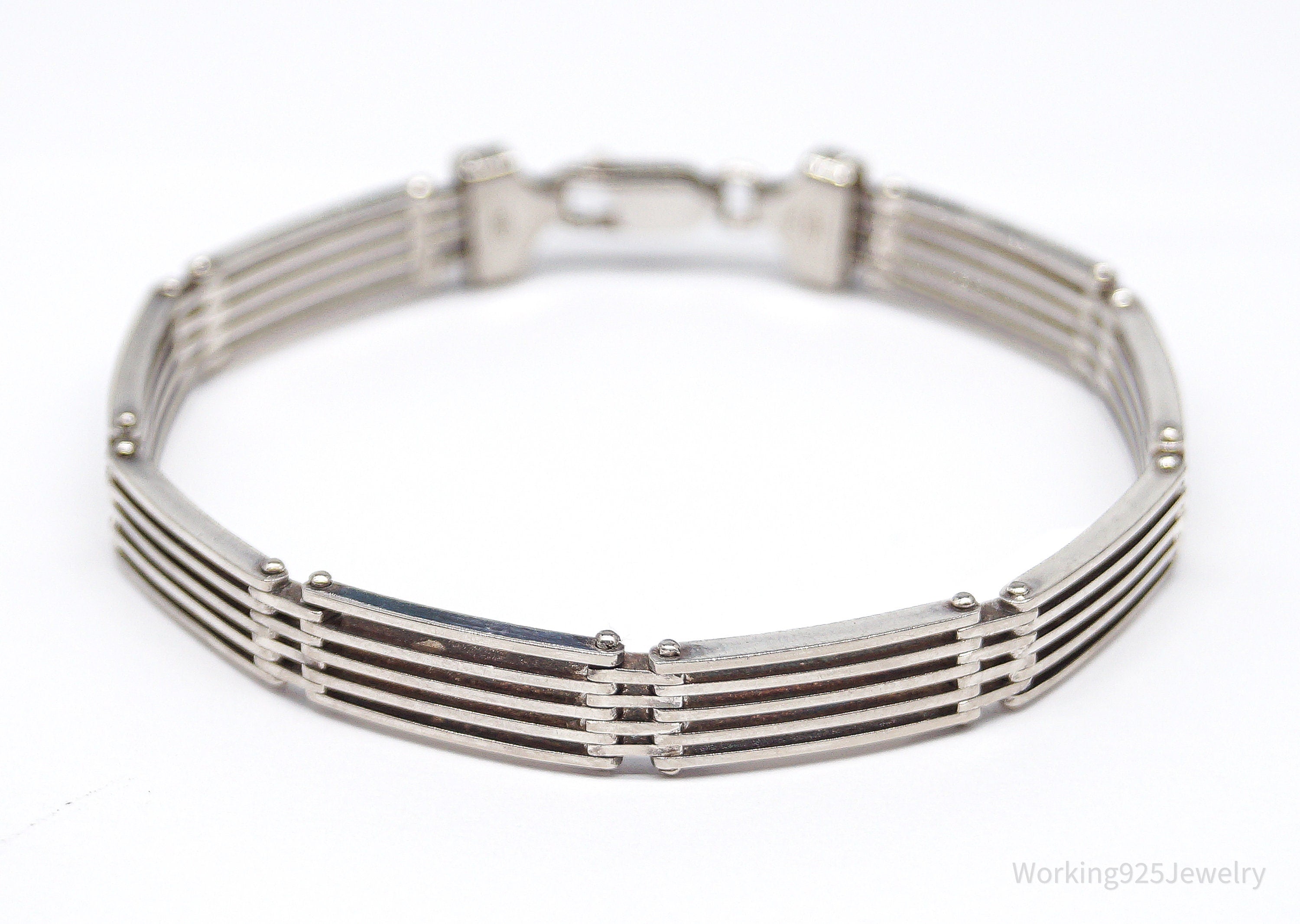 Vintage Italian Sterling Silver Bar Link Hinge Bracelet - 7 3/16"