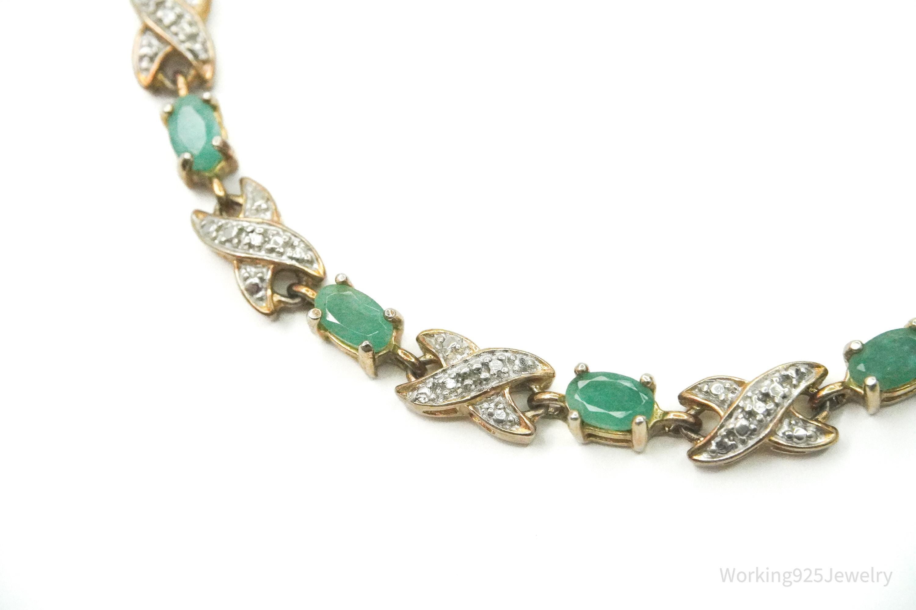 VTG Ross Simons Emerald & One Diamond 18K Gold Vermeil Sterling Silver Bracelet 7.75"