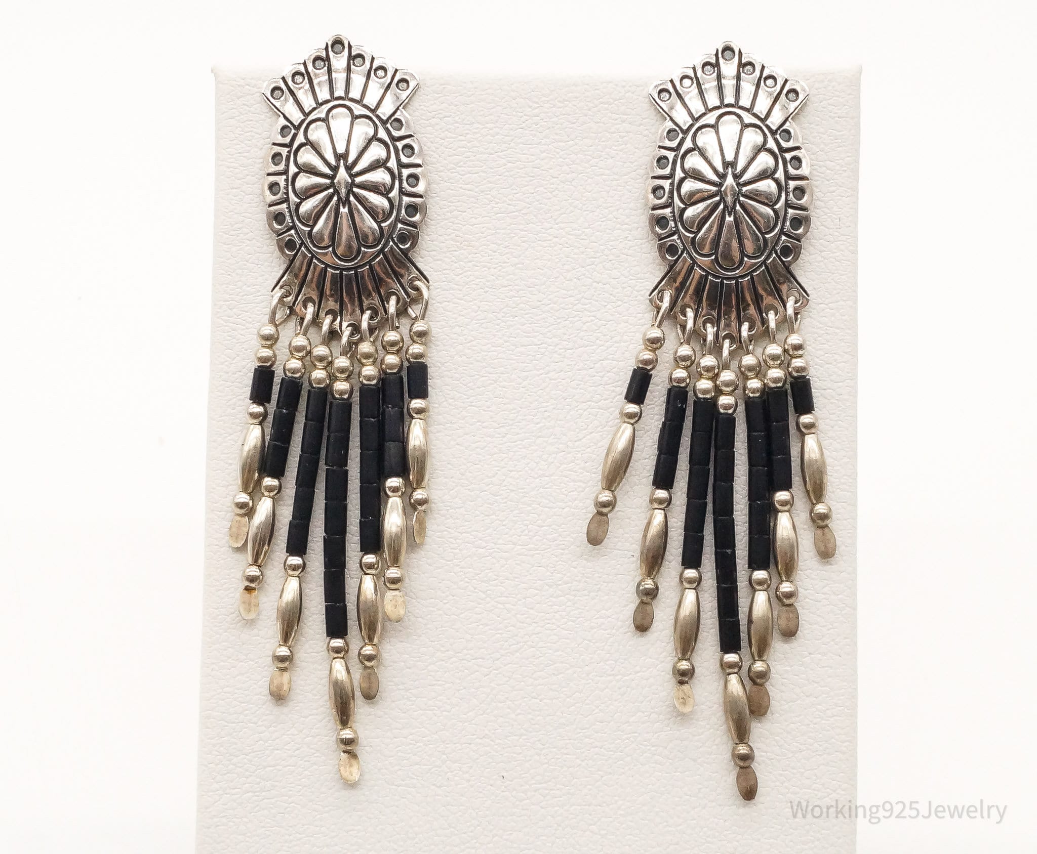 Vintage Native American QT Quoc Black Onyx Sterling Silver Earrings