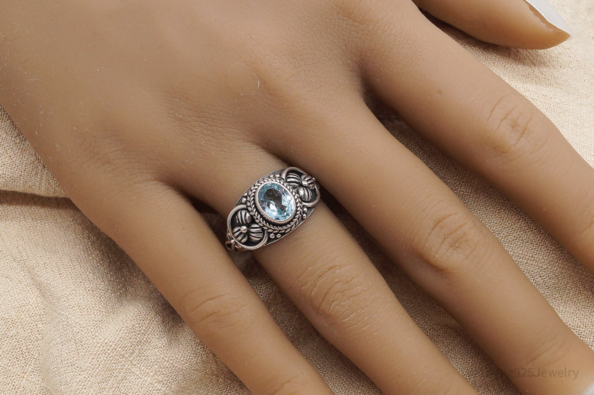 Vintage BA Suarti Blue Topaz Sterling Silver Ring - Size 8