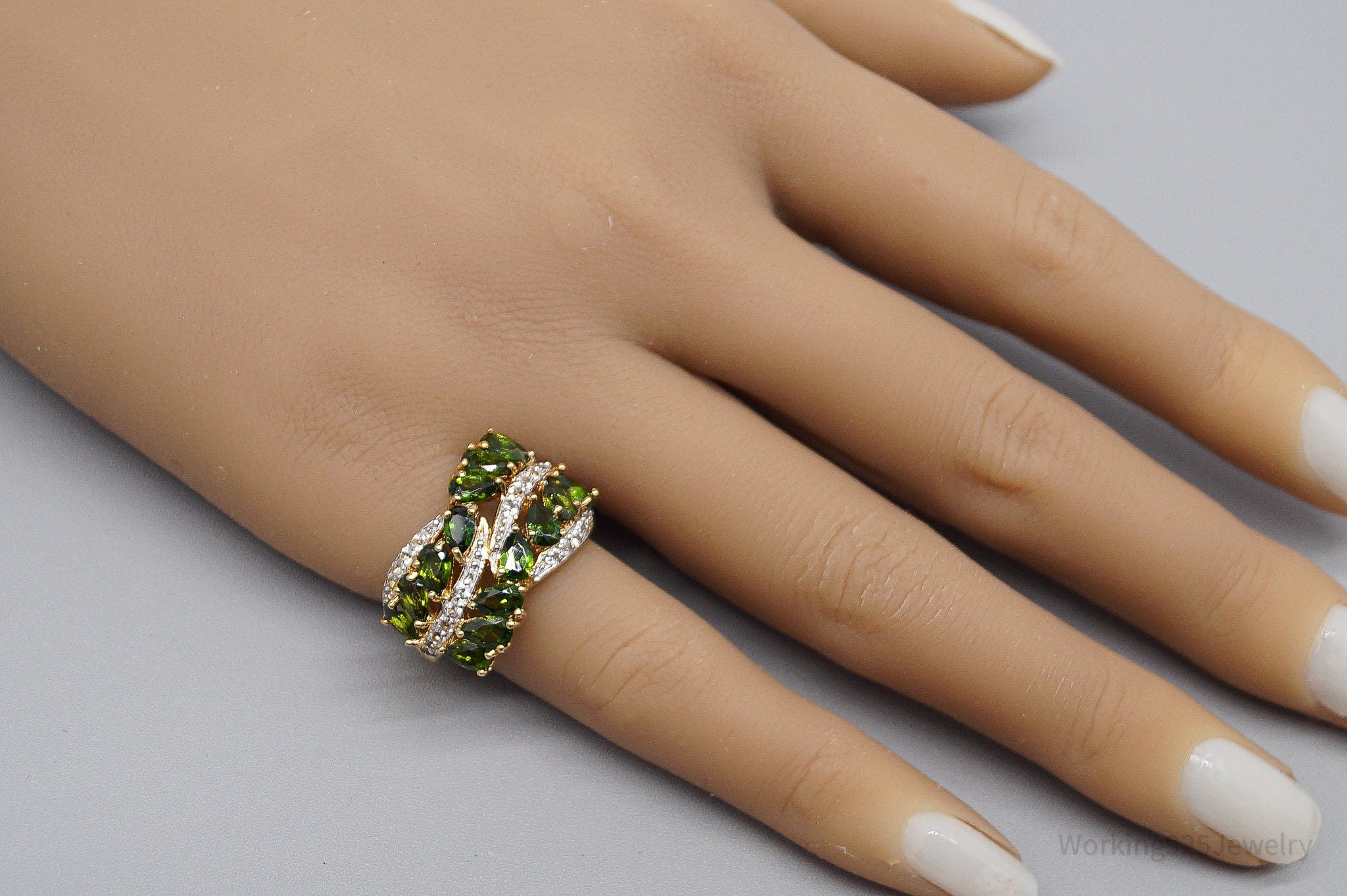 QVC Green Chrome Diopside & White Topaz Gold Over Sterling Silver Ring - Size 6