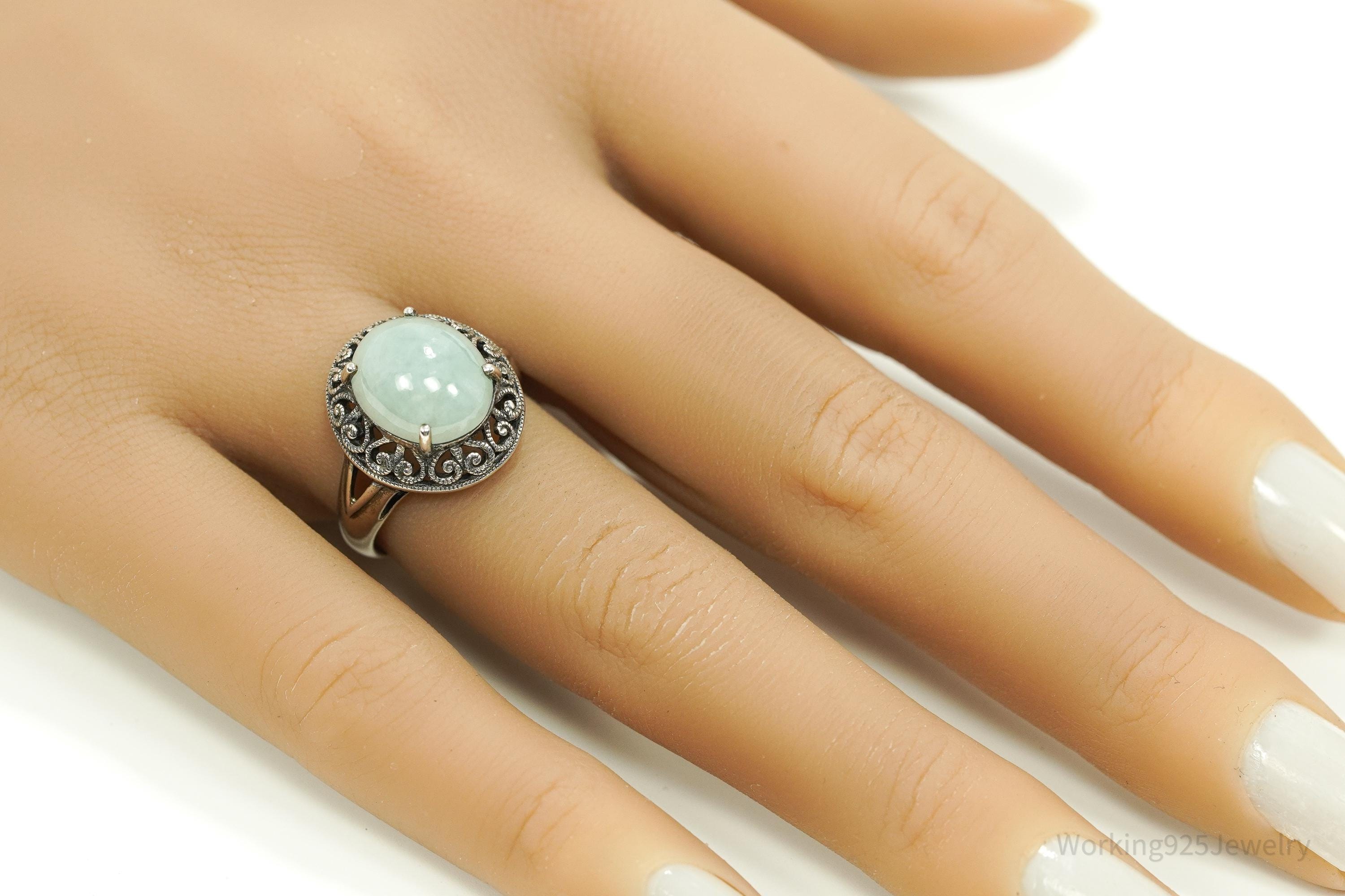 Vintage CNA Green Jade Sterling Silver Ring - Size 7