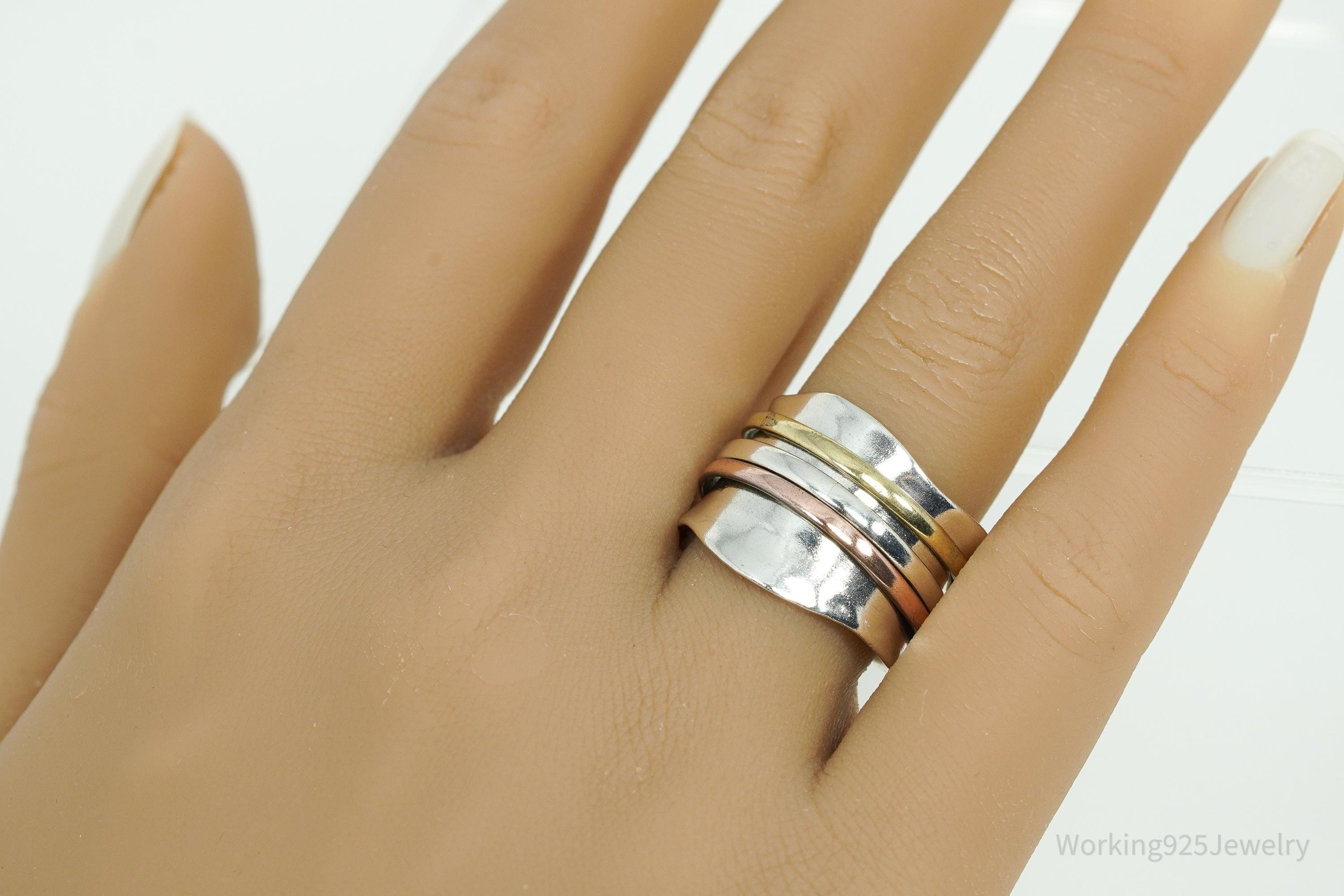 Vintage Brass & Copper Sterling Silver Spinner Band Ring- Size 8.25