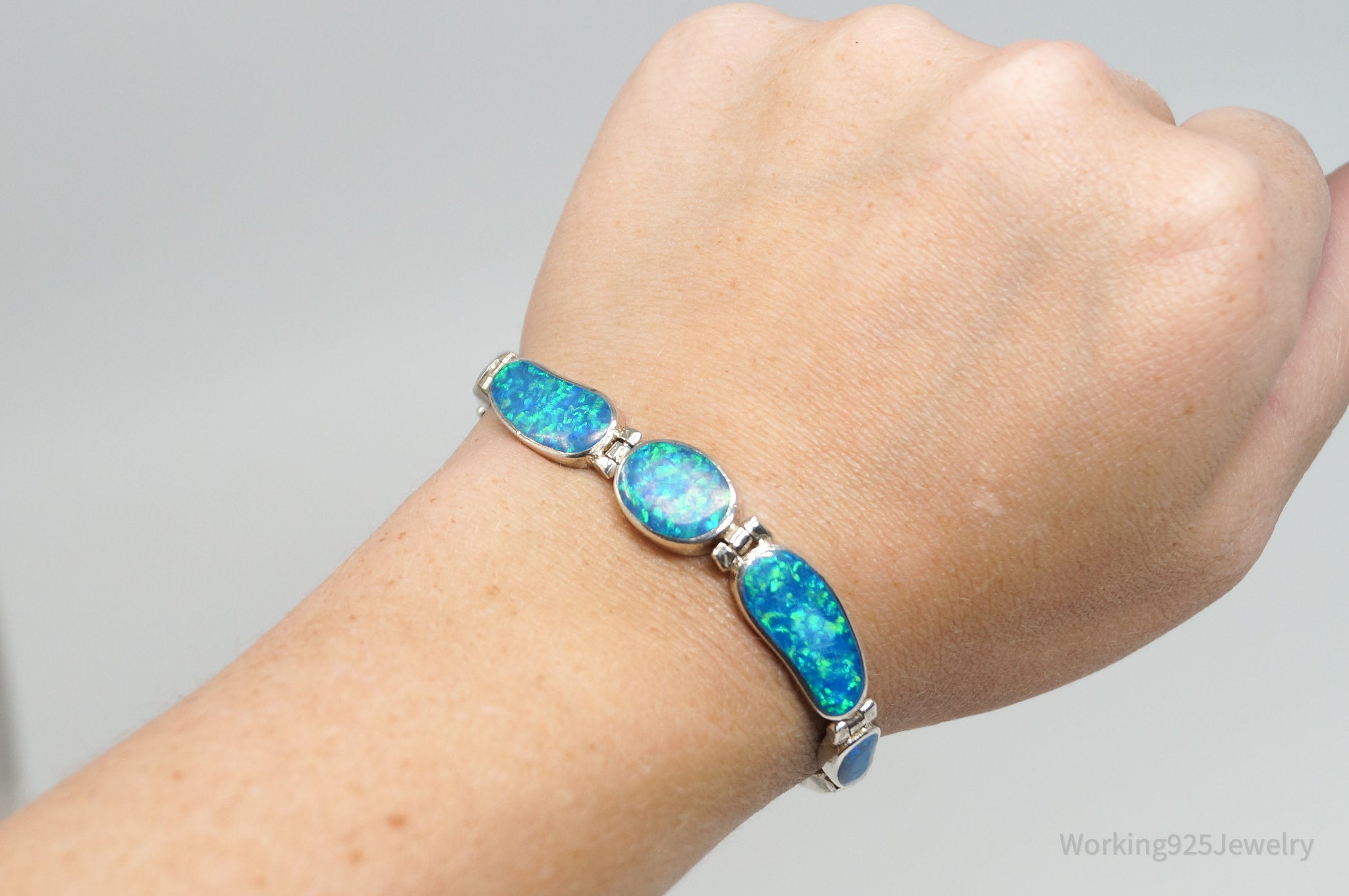 Vintage Synthetic Blue Fire Opal Sterling Silver Bracelet