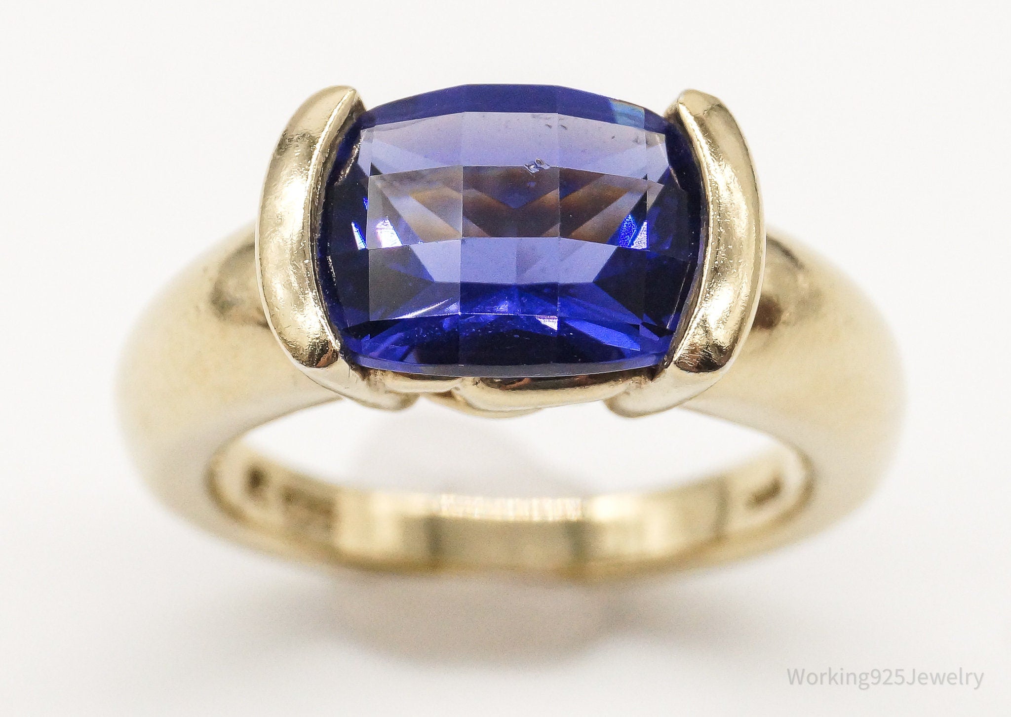 Vintage Large Blue Cubic Zirconia Gold Vermeil Sterling Silver Ring - Size 6