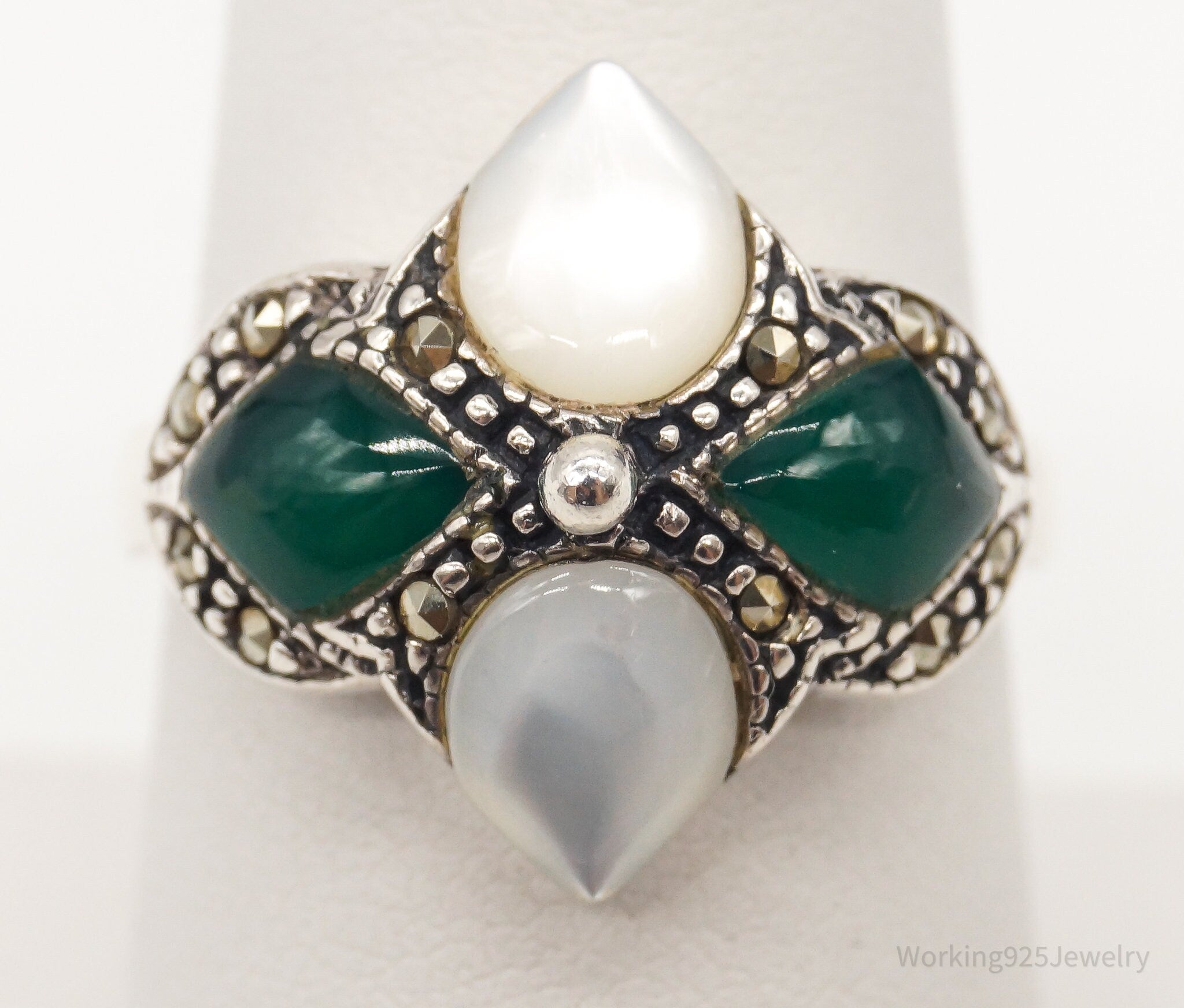 Vintage Green Onyx Mother Of Pearl Marcasite Sterling Silver Ring SZ 7.5