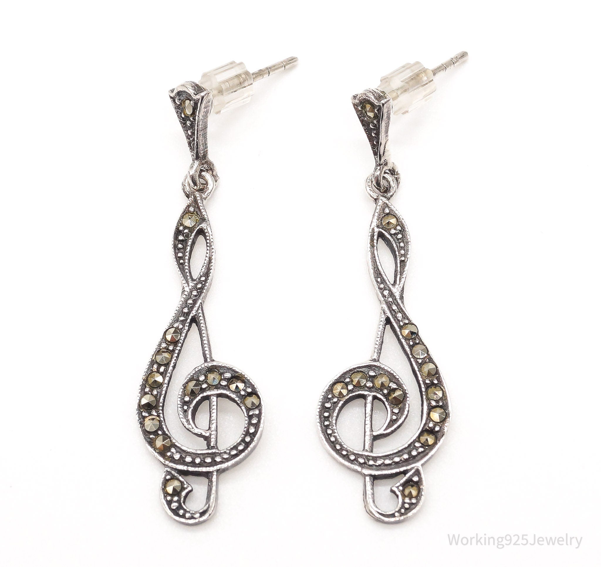 Vintage Treble Clef Music Note Marcasite Sterling Silver Earrings