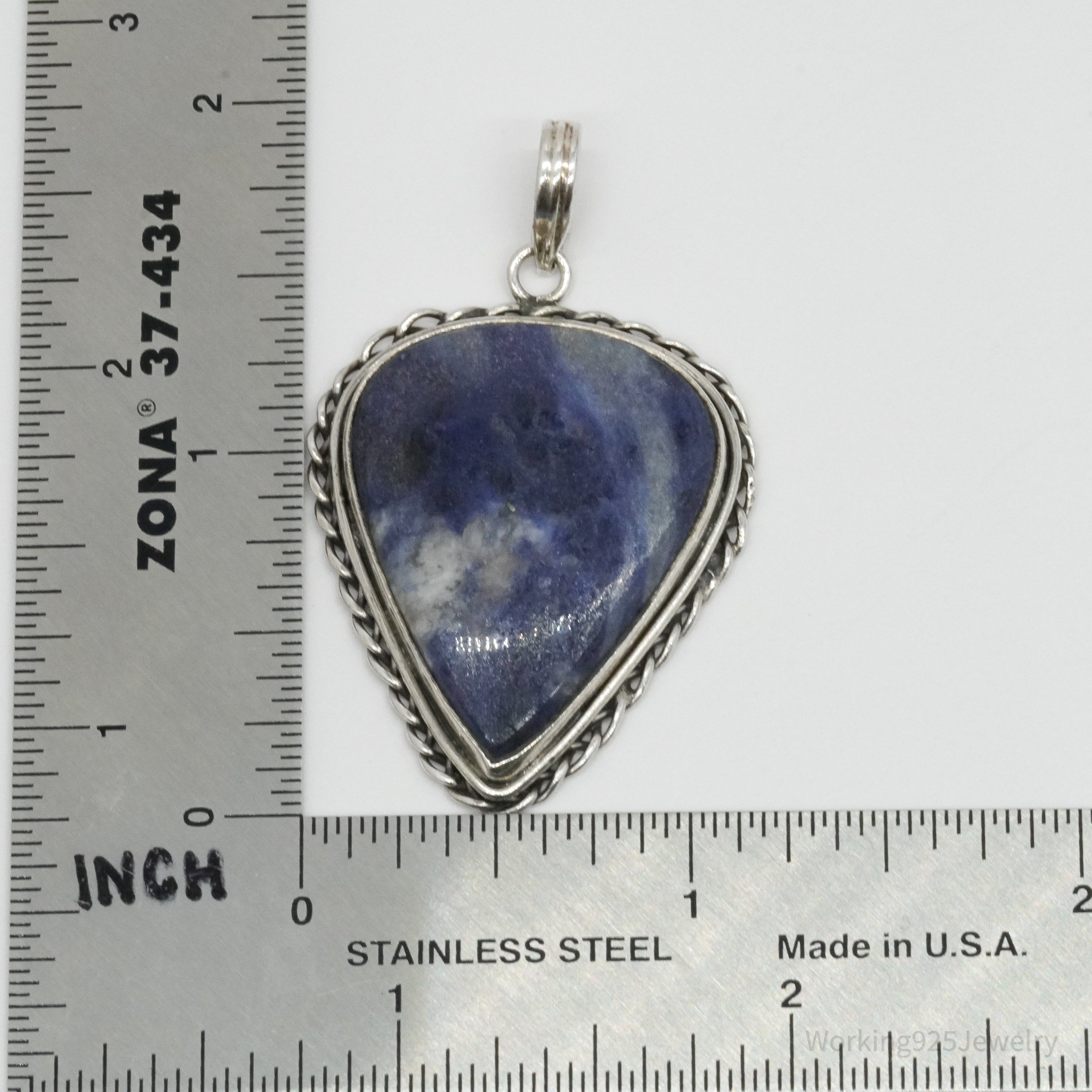 Vintage Sodalite Sterling Silver Pendant 1 7/8"