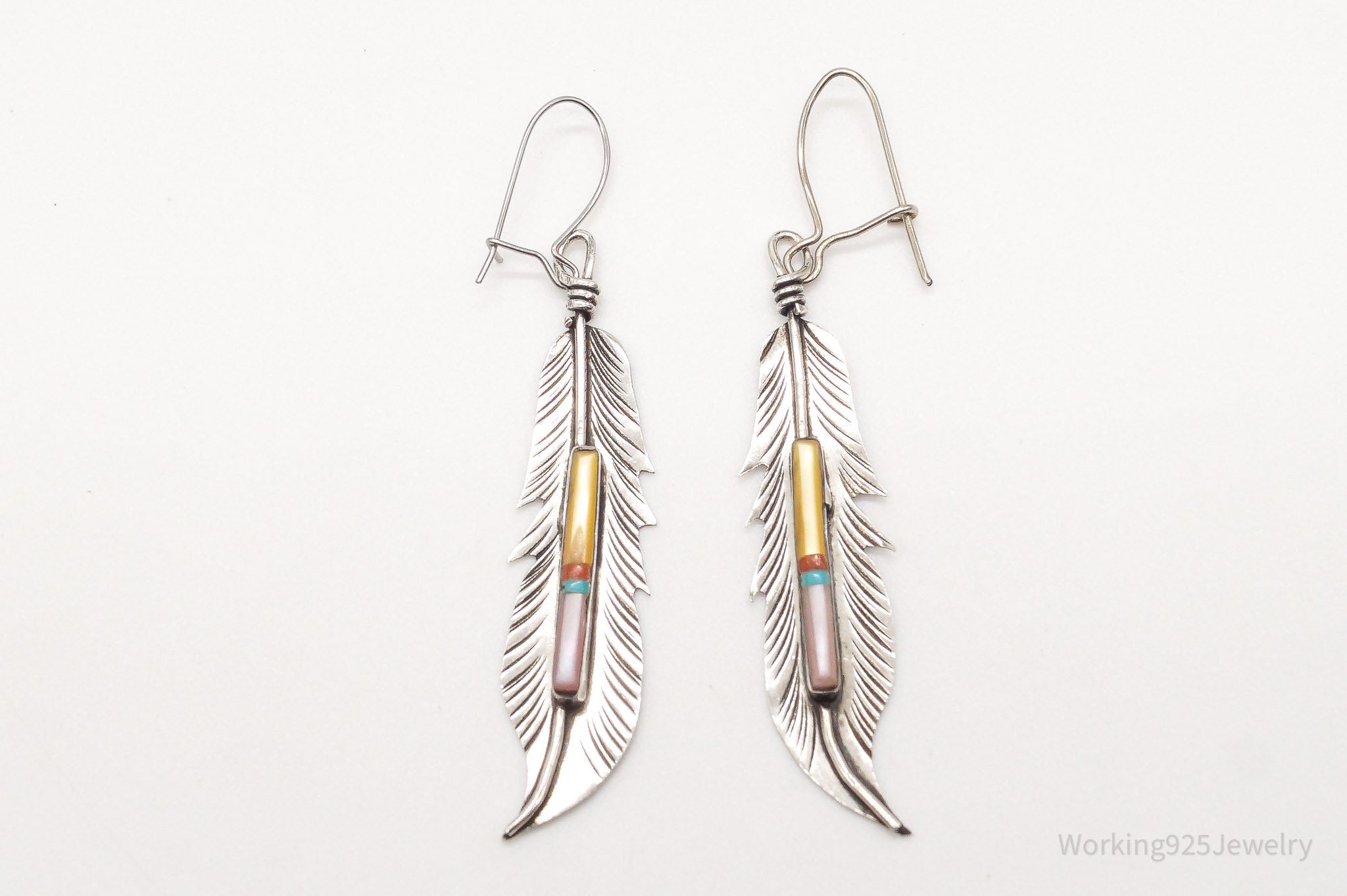 Vintage Native American Multi Gemstone Silver Feather Earrings