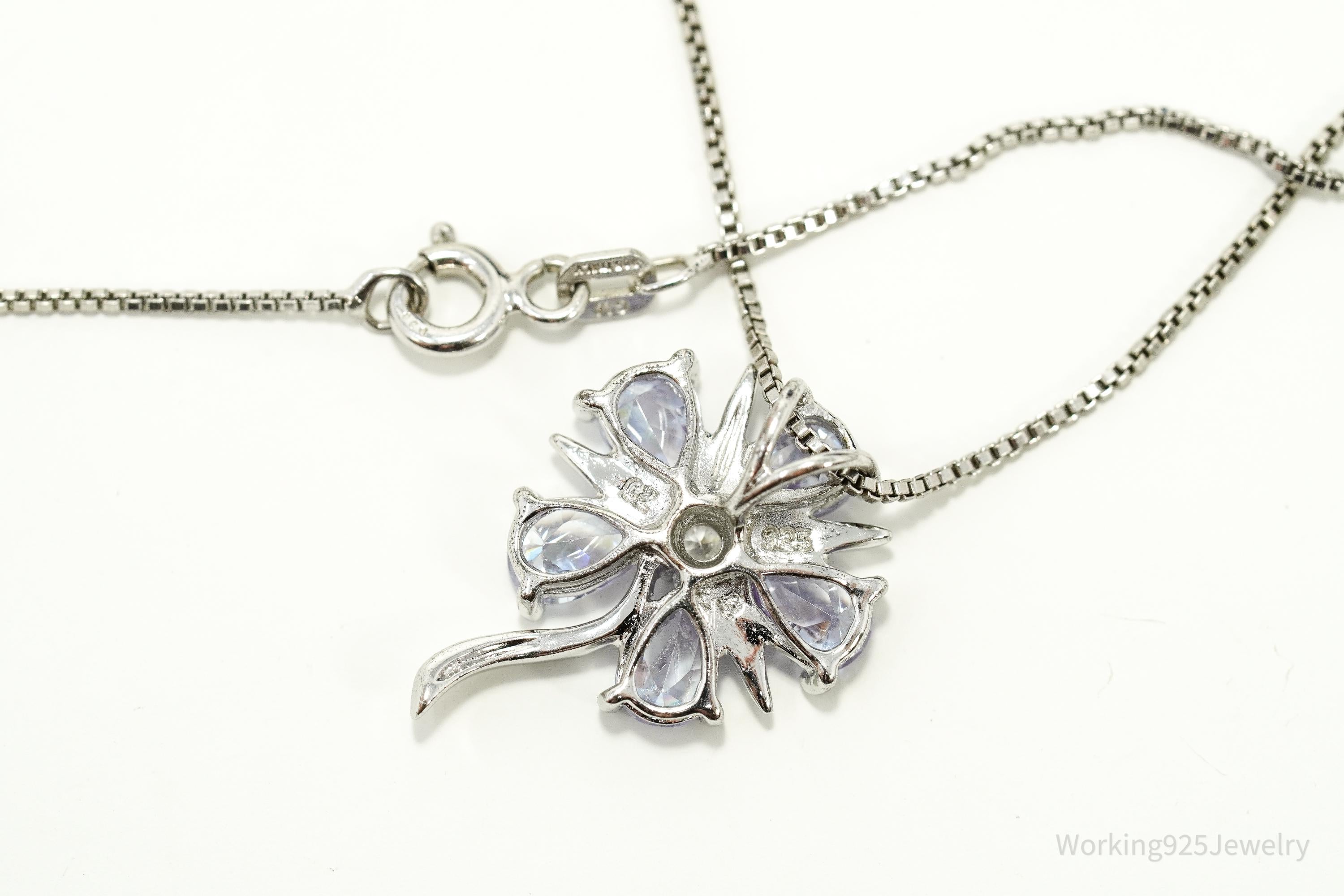 Vintage Periwinkle & White Cubic Zirconia Sterling Silver Flower Necklace - 18"