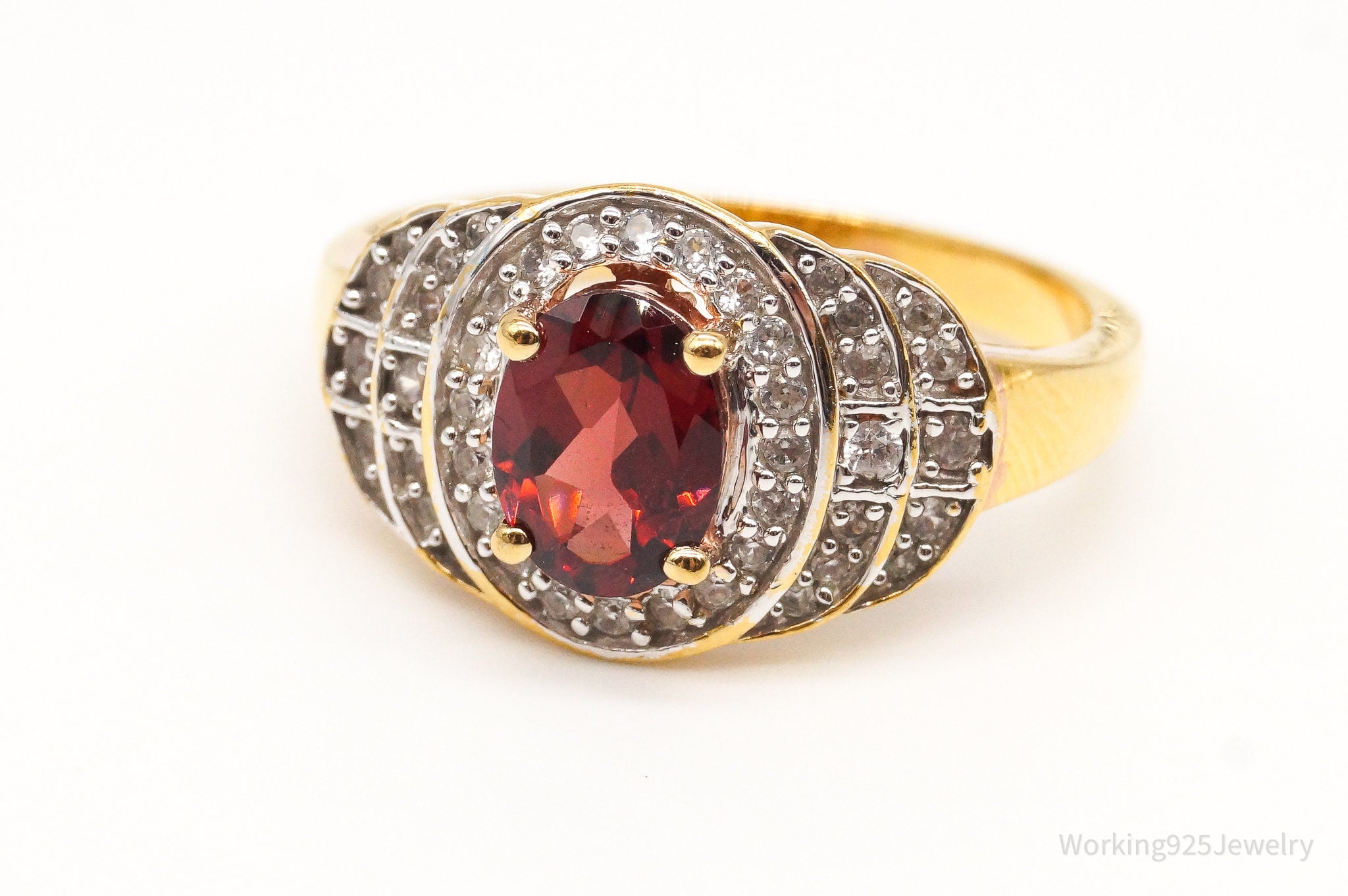 Vtg Designer Garnet CZ Gold Vermeil Sterl Sil Ring - Sz9.25