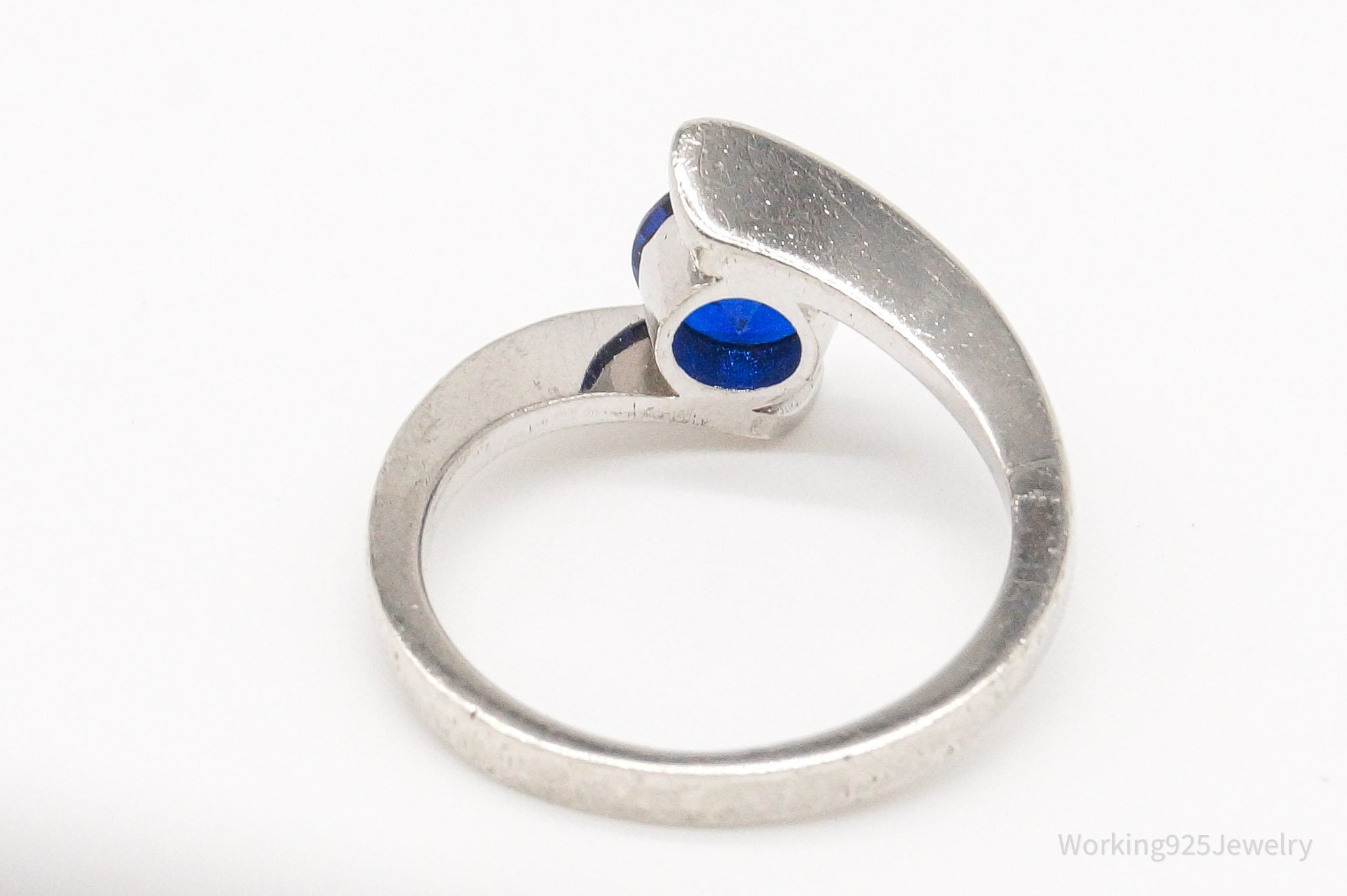 Vintage Lab Sapphire By-Pass Sterling Silver Ring - Size 6.75