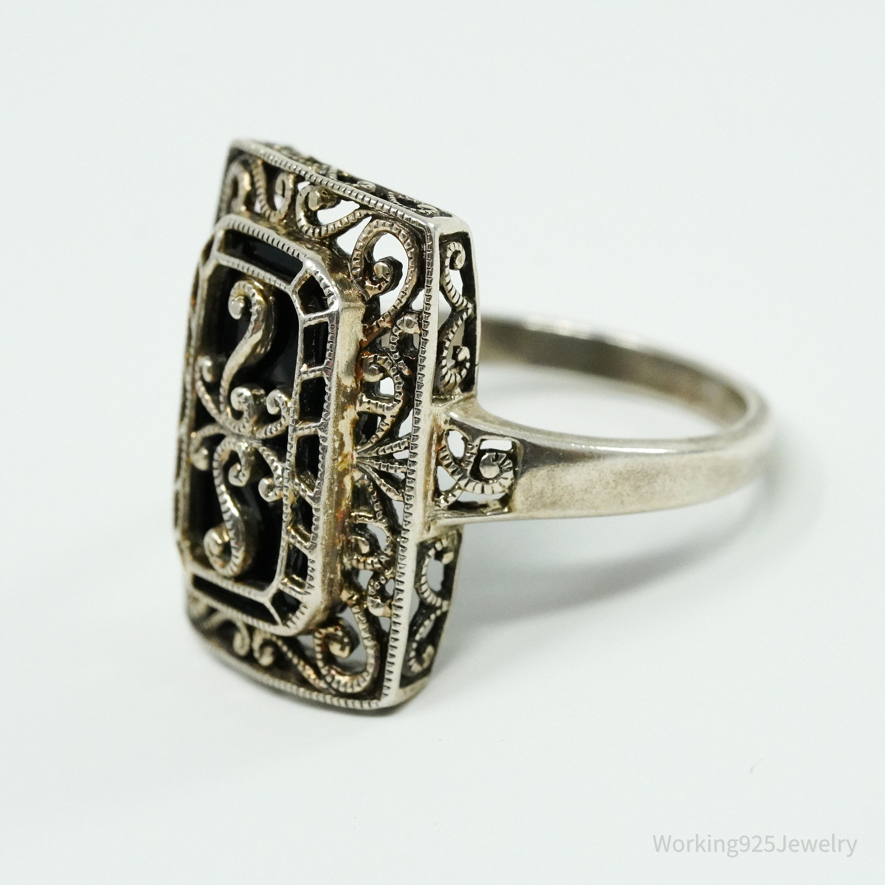 Vintage Black Onyx Scrolls & Swirls Sterling Silver Ring - Size 11.25