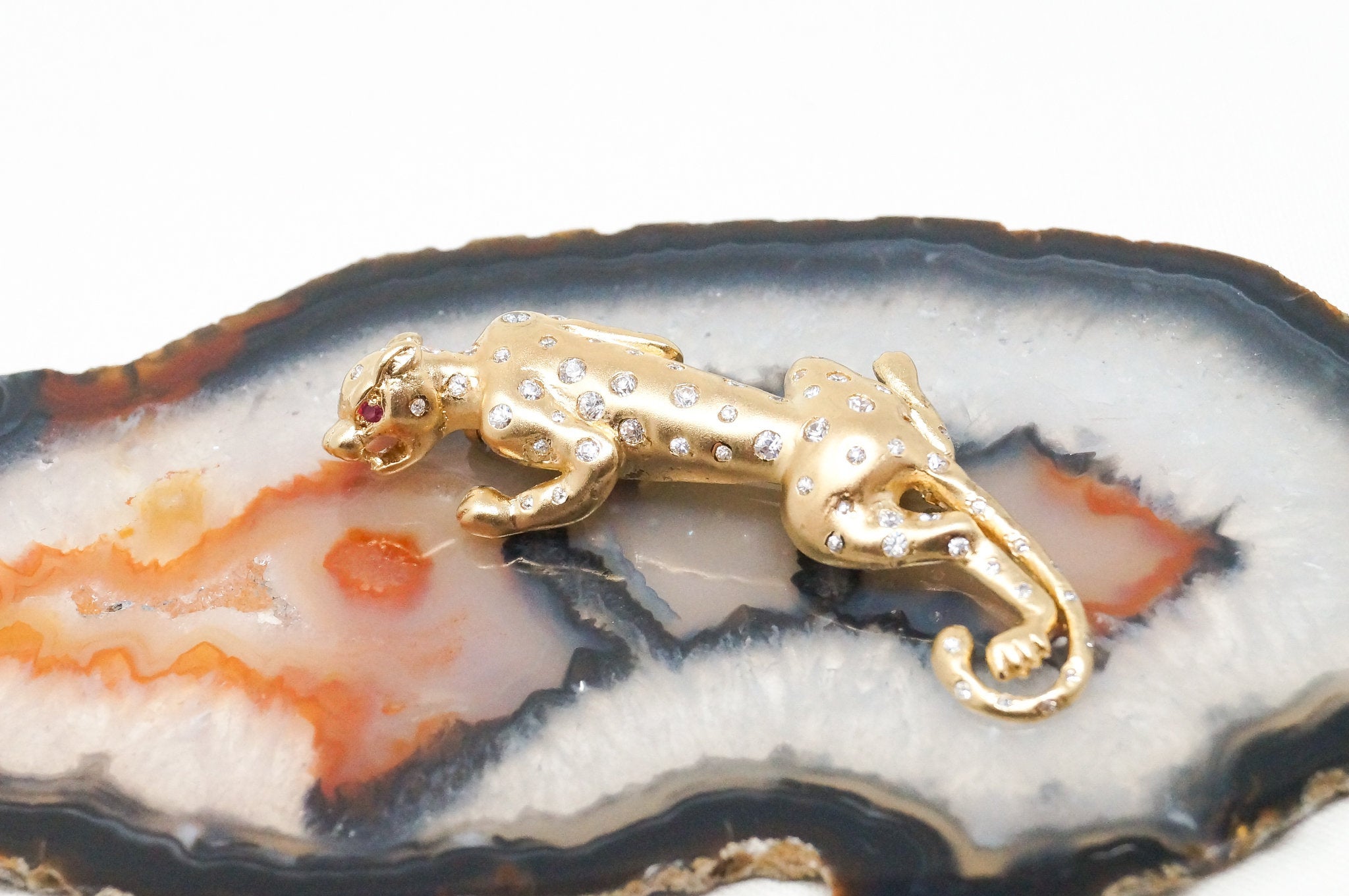 Vintage Gold Vermeil Garnet CZ Cheetah Sterling Silver Brooch Pin