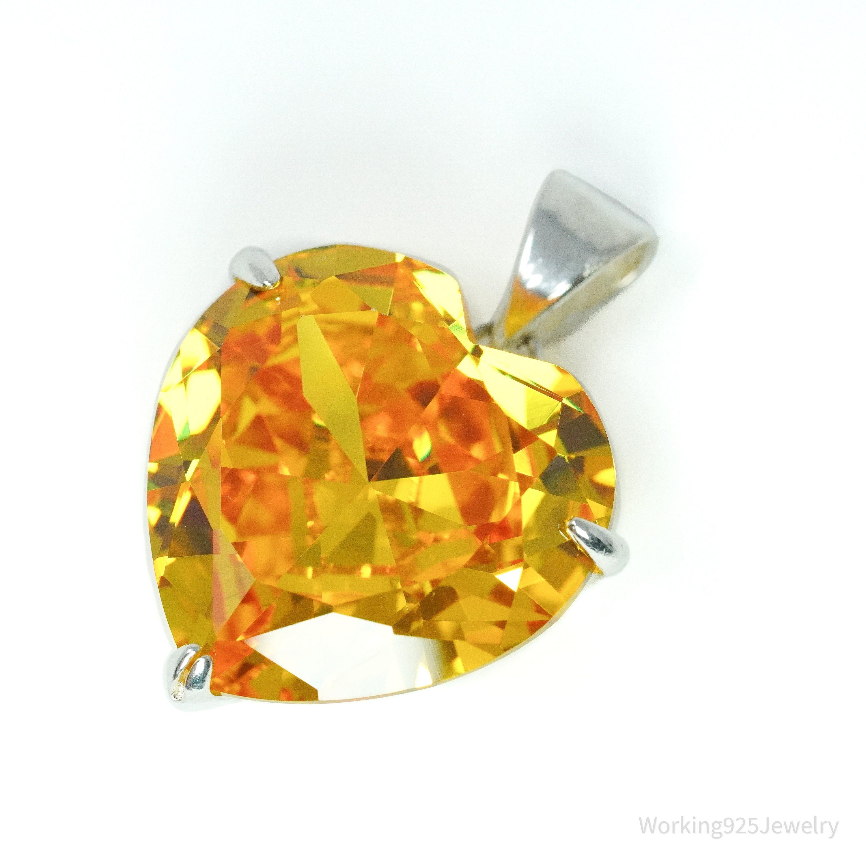 Vintage Large Citrine Heart Sterling Silver Necklace Pendant