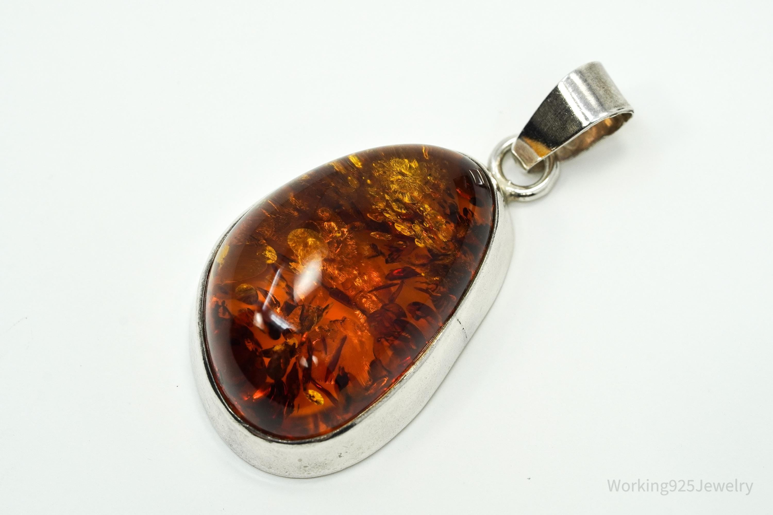 Large Vintage Modernist Amber Sterling Silver Pendant
