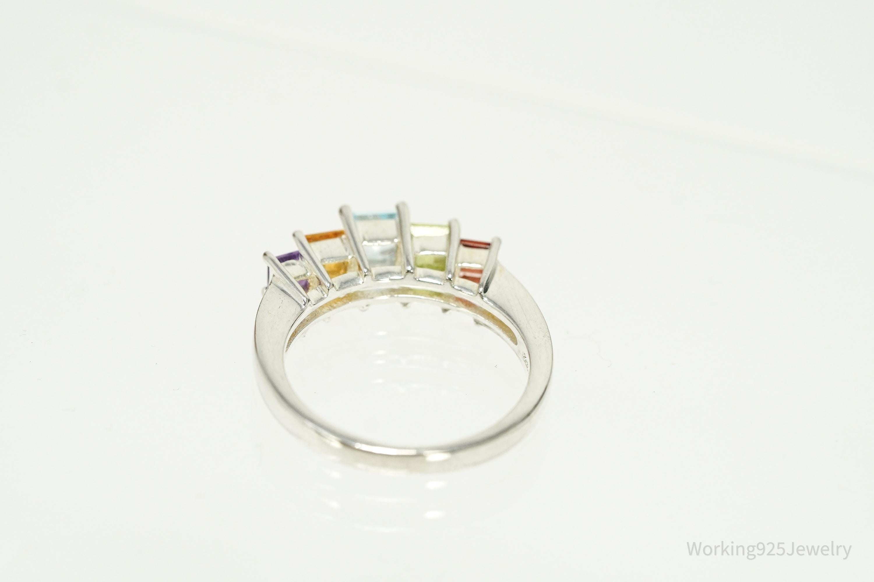 Vintage Rainbow Multi Gemstone Sterling Silver Band Ring – Size 7