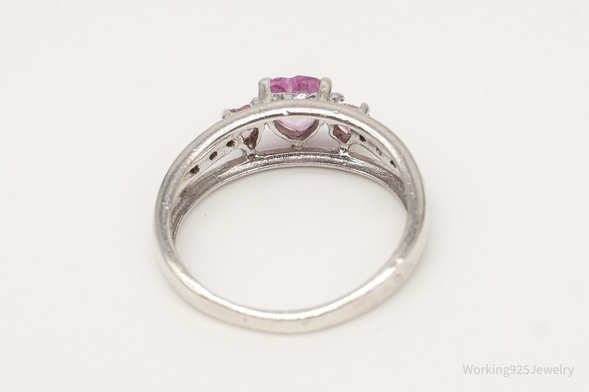 Vintage Pink Topaz Hearts Cubic Zirconia Silver Ring - Size 6