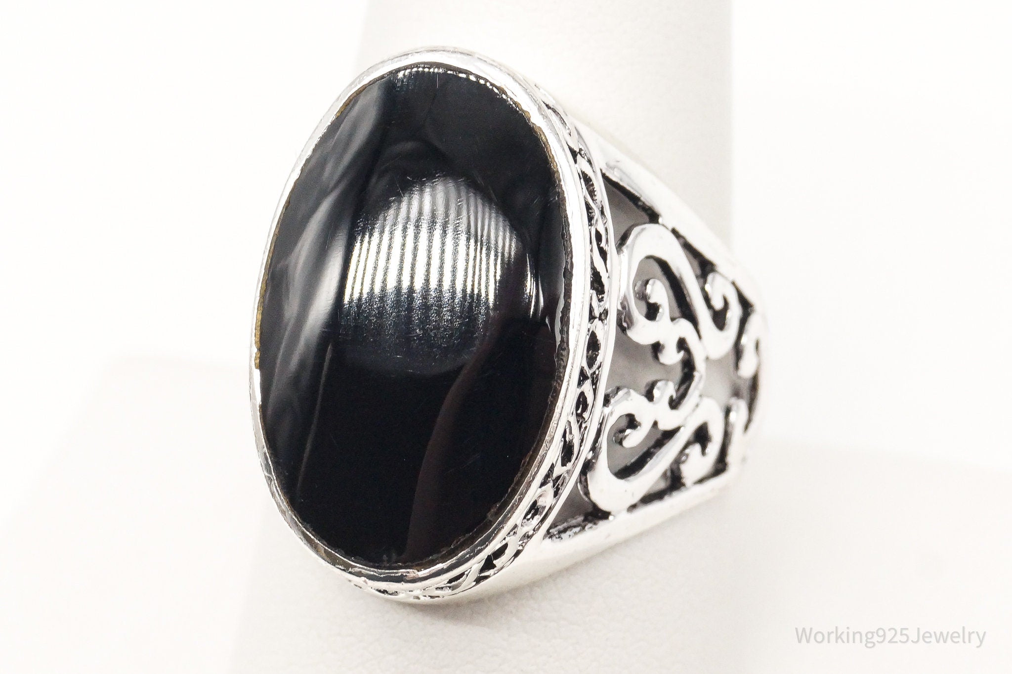 Vintage Large Black Onyx Sterling Silver Ring - Size 9.25