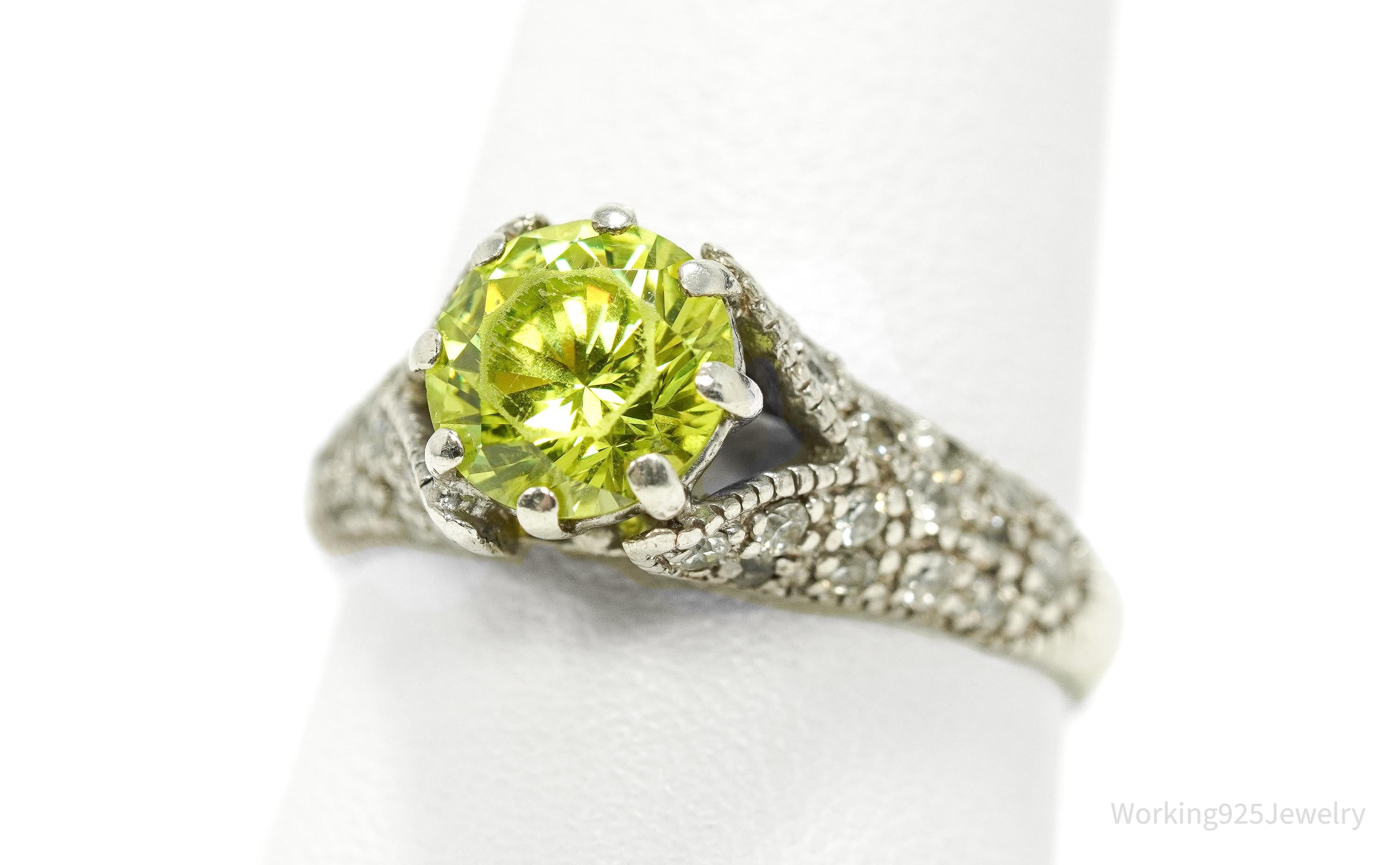 Vintage Espo Green & White Cubic Zirconia Sterling Silver Ring - Size 9