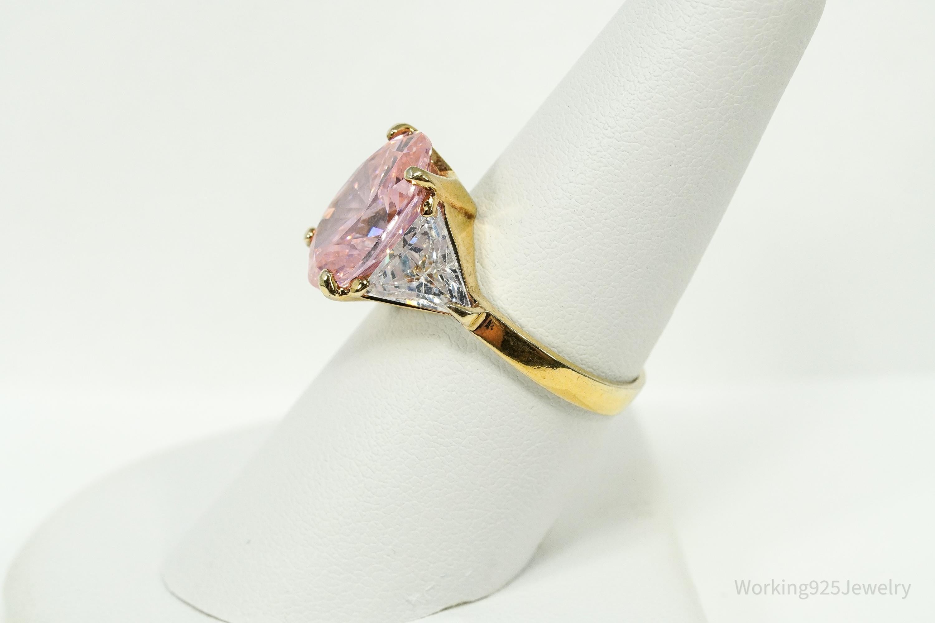 Vintage EDCO Pink & White Cubic Zirconia Gold Vermeil Sterling Silver Ring Size 8