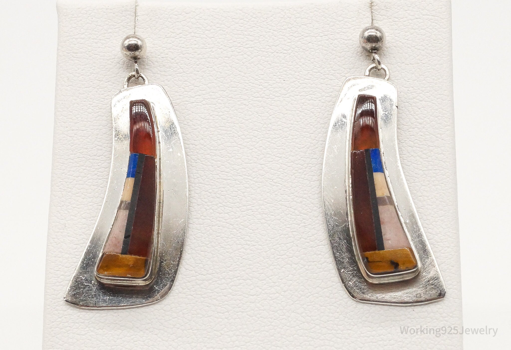 Vintage Native American Multi Gem Inlay Silver Earrings