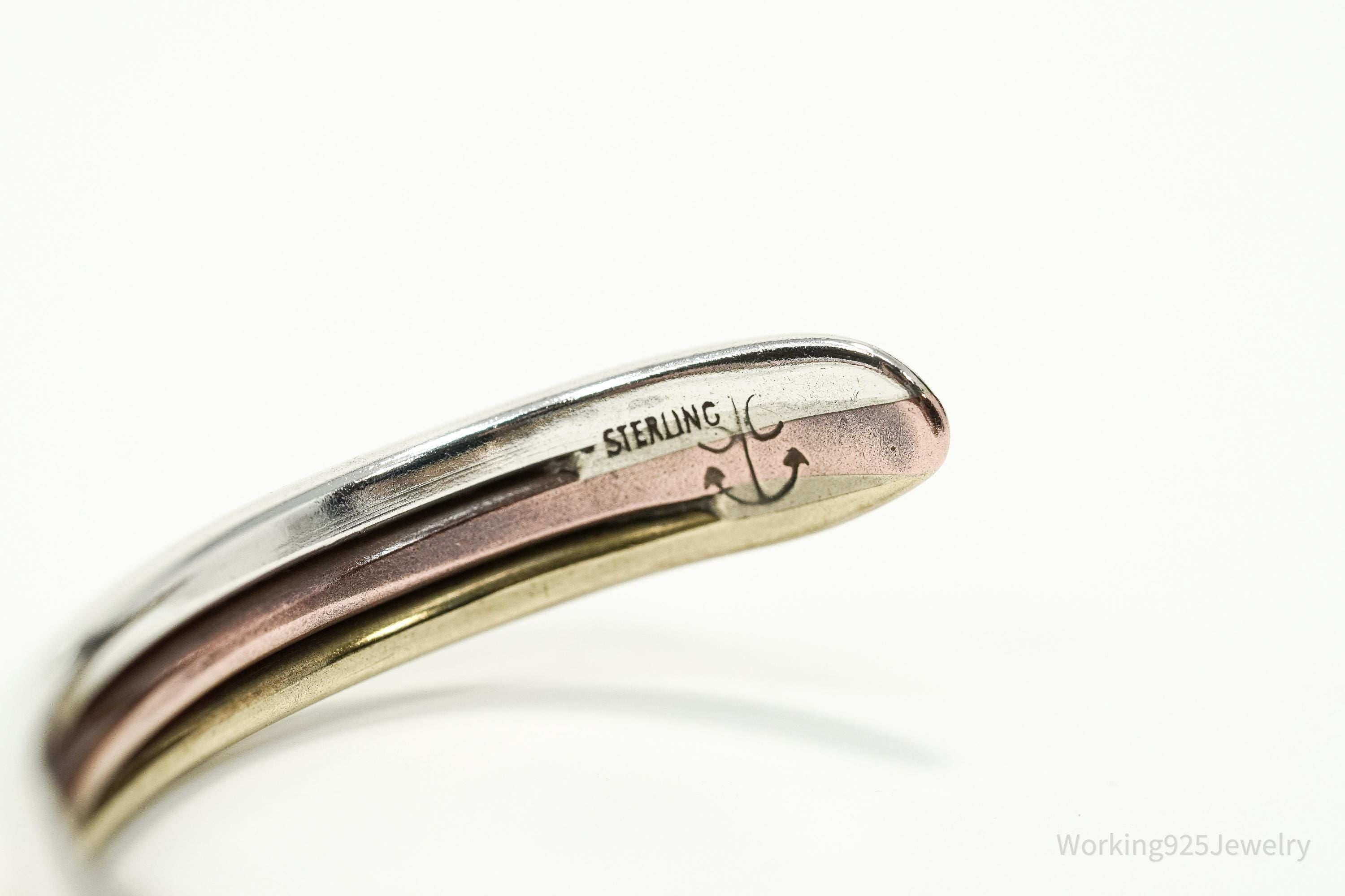 Vintage Three Metal Twist Sterling Silver Copper Brass Cuff Bracelet 6 3/8"