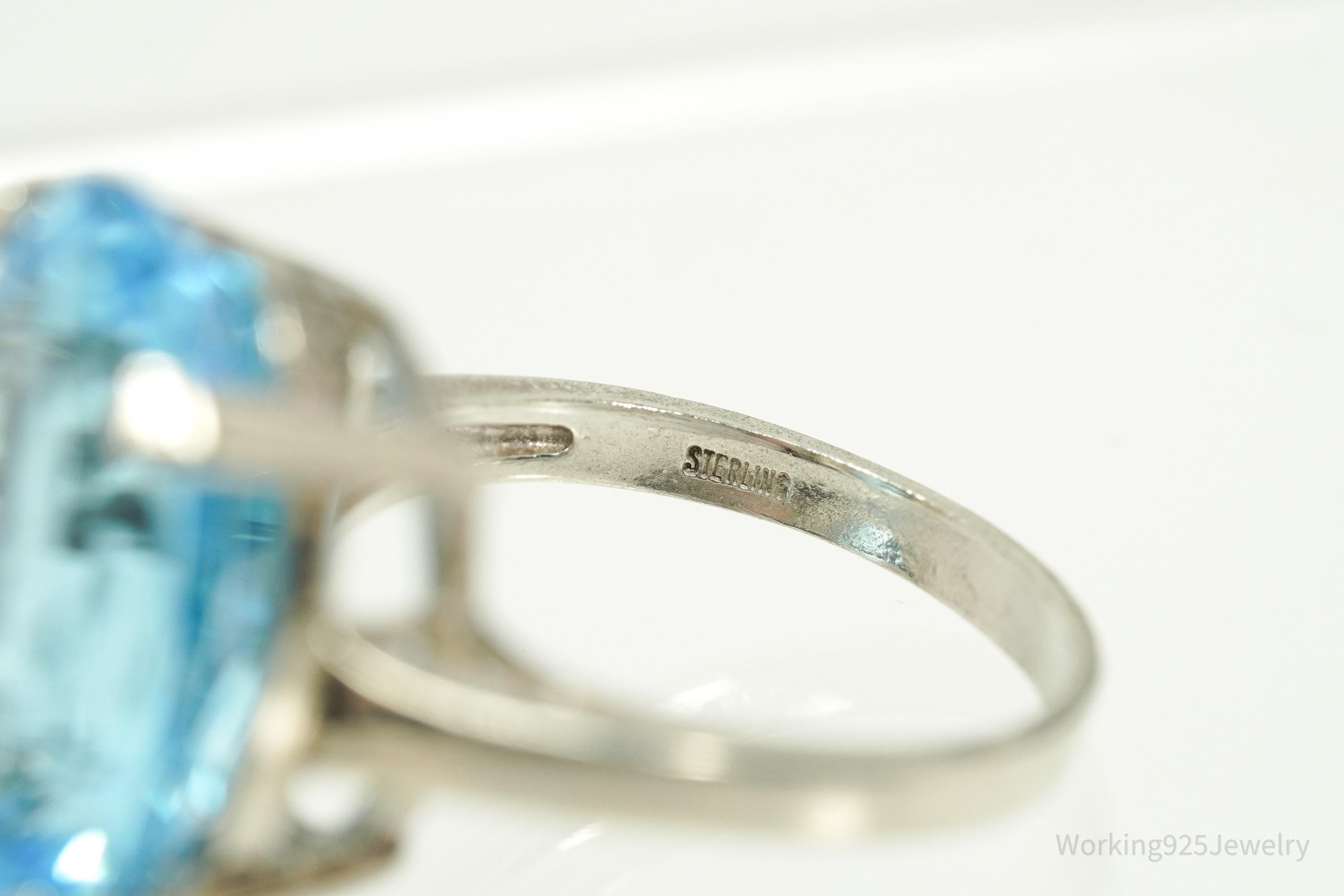 Vintage Large Blue Topaz Sterling Silver Ring - Size 8