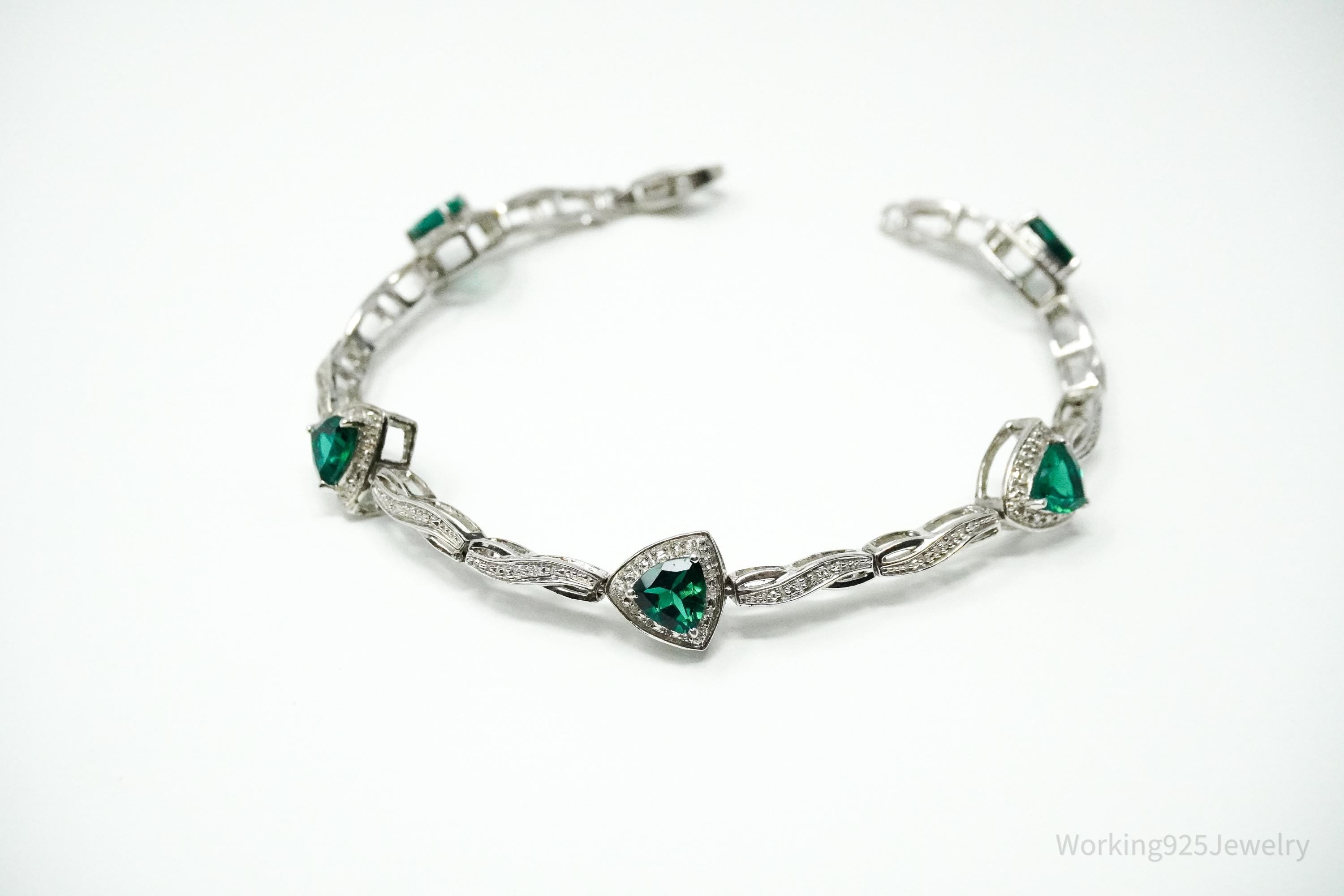 Vintage JWBR Lab Emerald & Single Diamond Sterling Silver Bracelet 7.25"