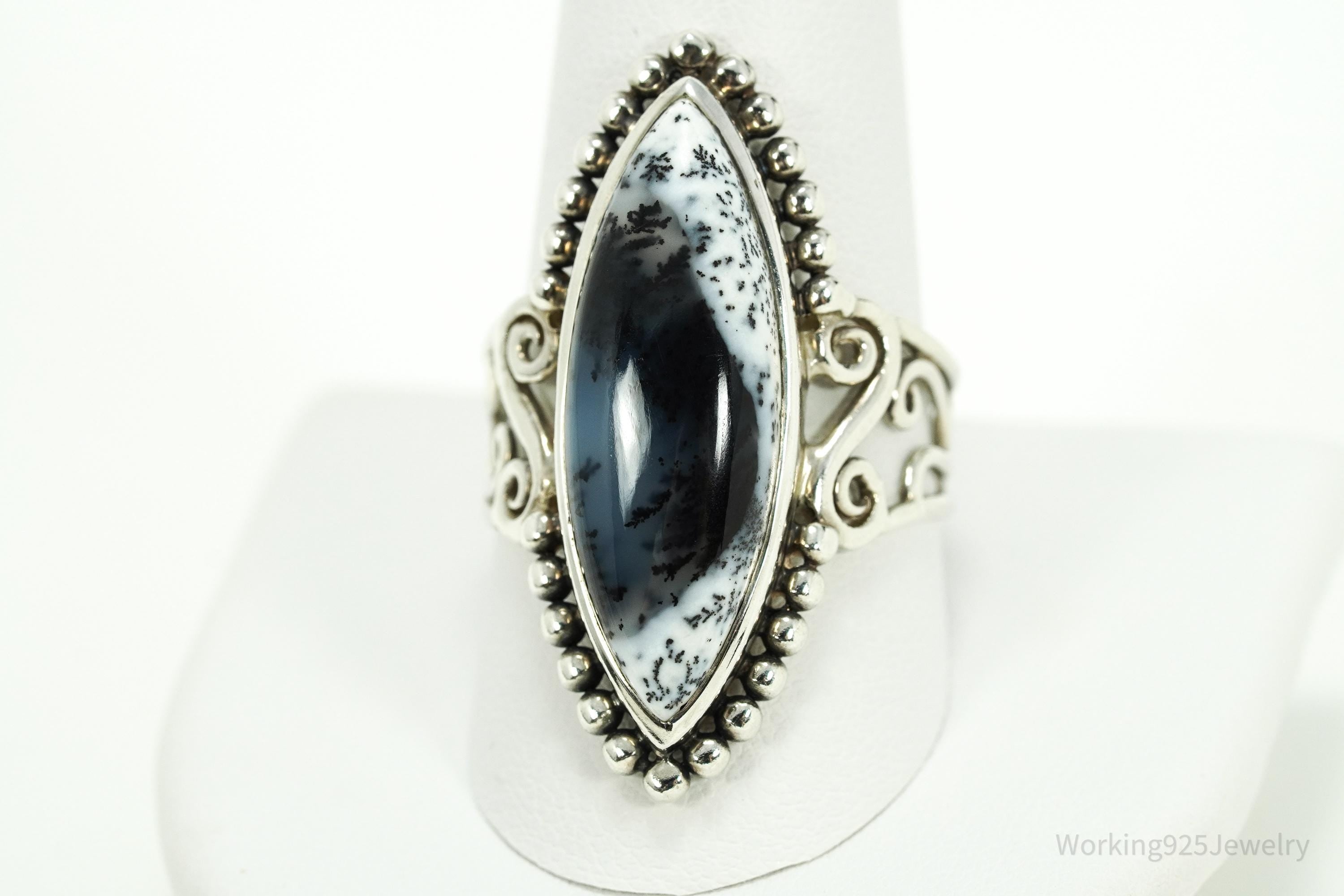 Vintage Designer Arya Dendritic Agate Sterling Silver Ring - Size 10.75