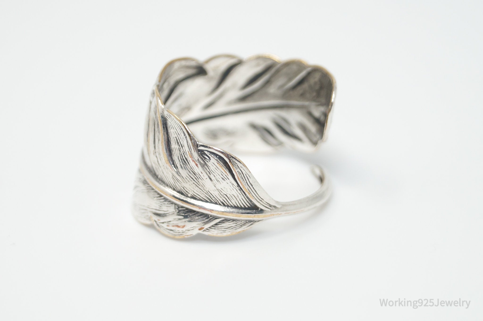 Vintage Large Feather Wrap Silver Plated Ring - Sz 11.25