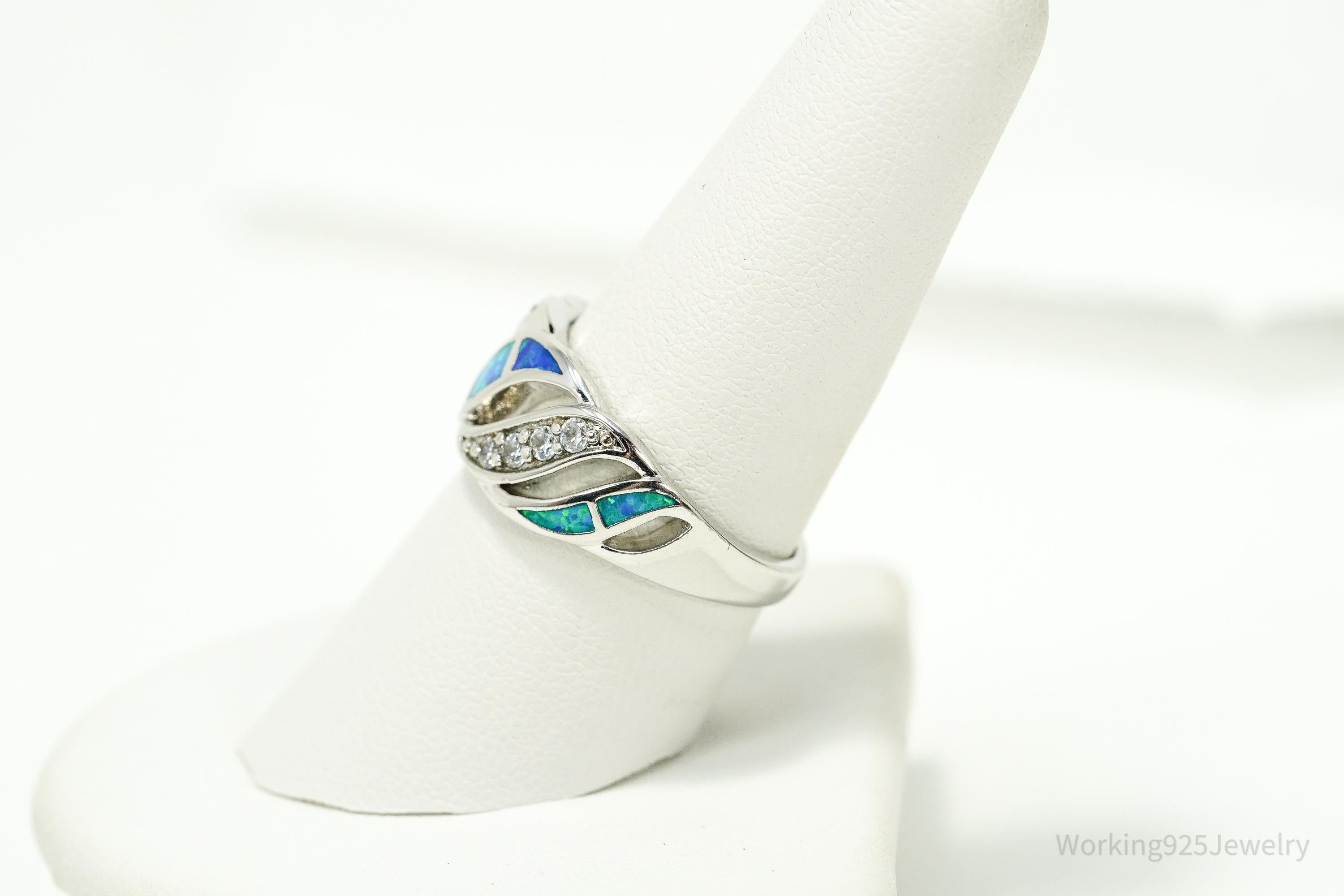 Vintage Cubic Zirconia & Opal Inlay Sterling Silver Ring - Size 8.5