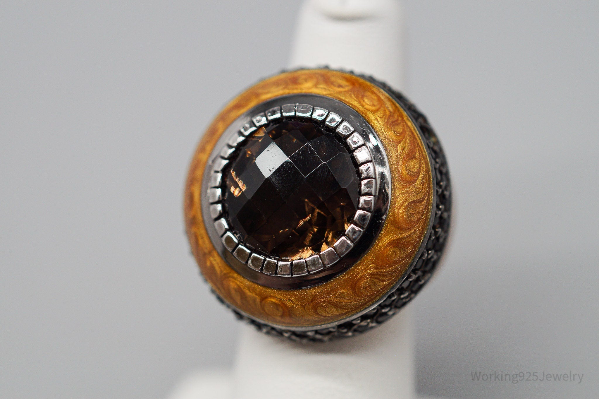 Vintage Large Smoky Topaz & Enamel Sterling Silver Ring - Size 5.75